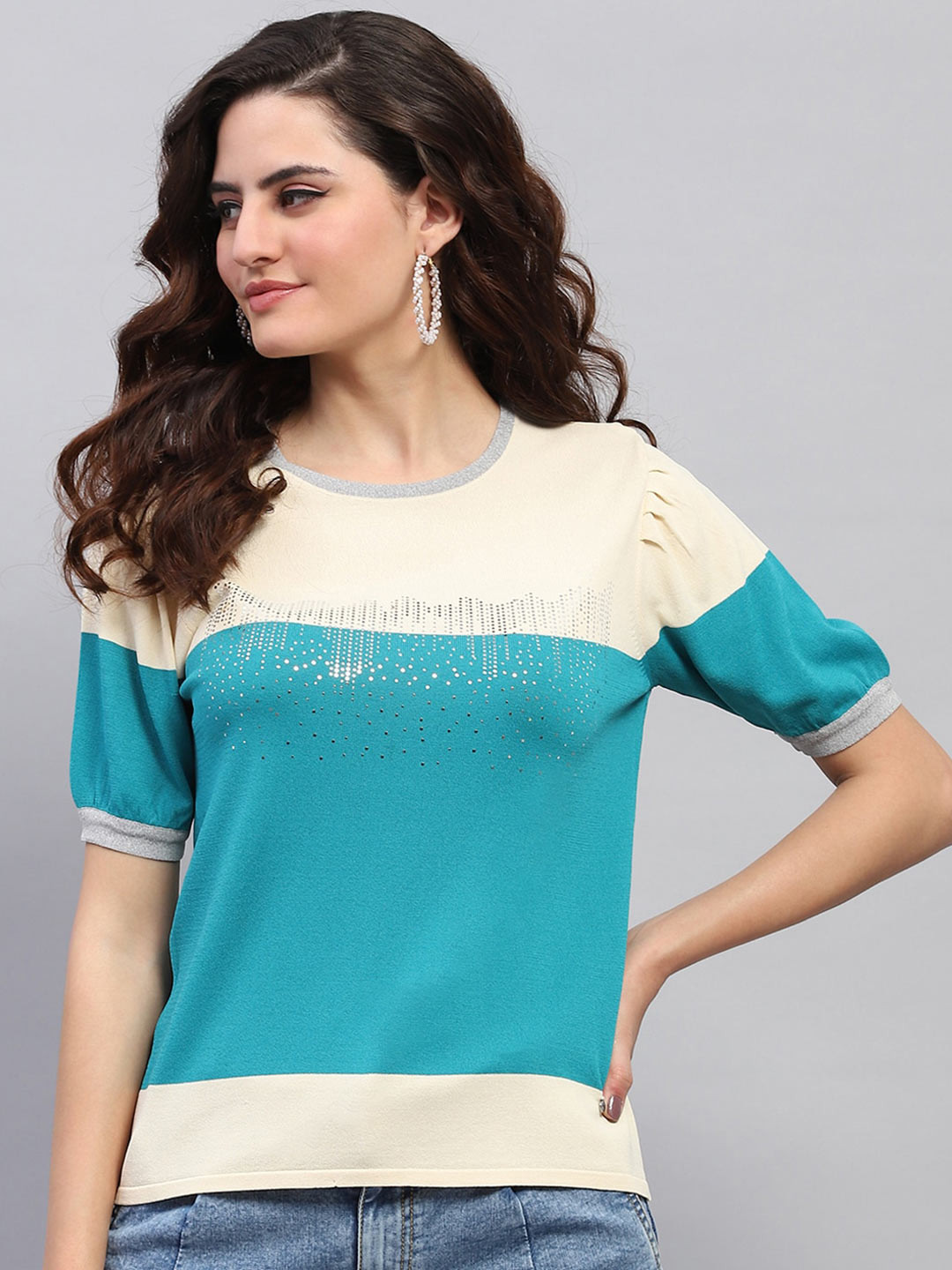 Monte Carlo Colourblocked Puff Sleeve Satin Top
