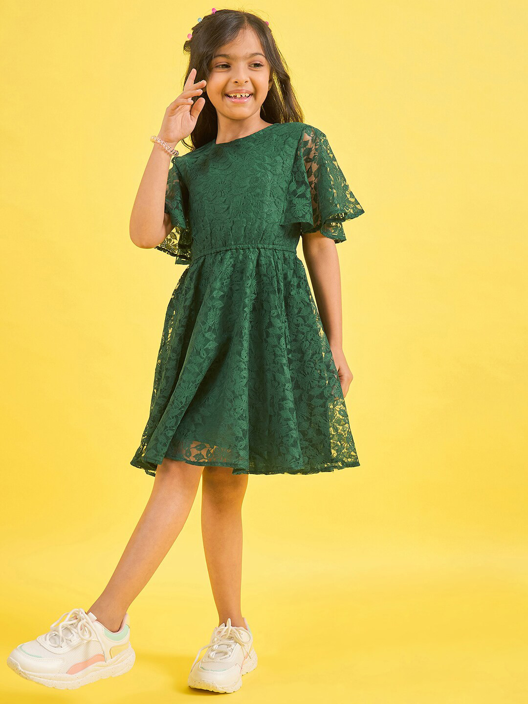 Stylo Bug Flutter Sleeve Self Design Round Neck Lace Fit & Flare Dress