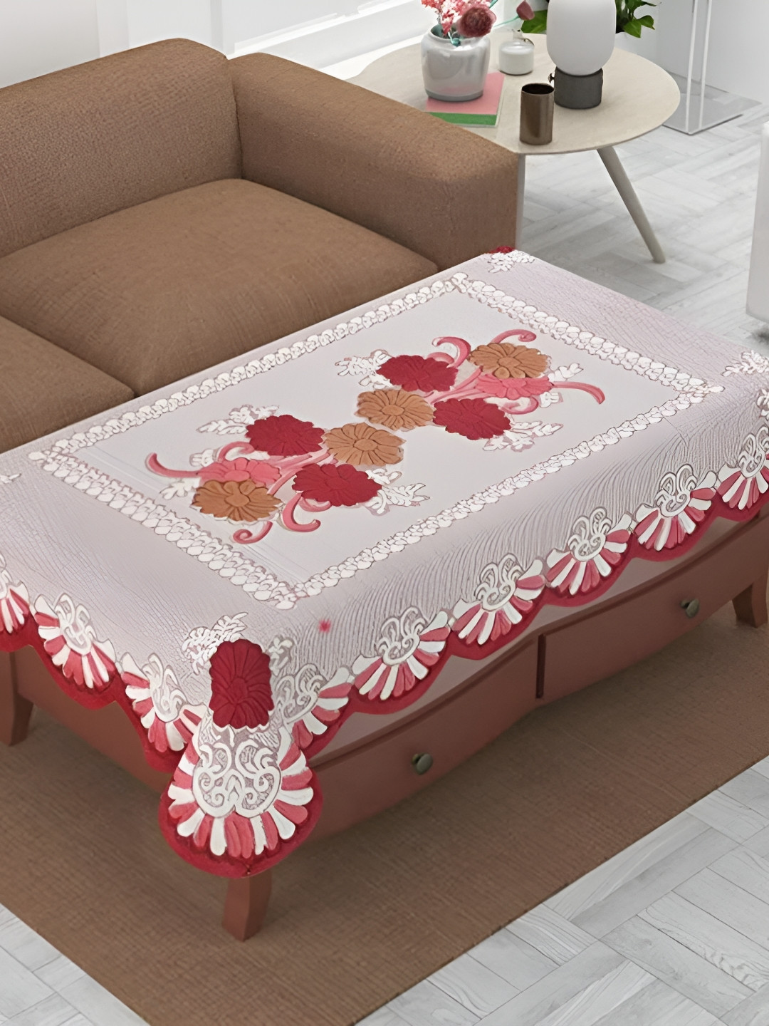 TANLOOMS Maroon Floral Cotton Rectangular 2-Seater Table Cover With Embroidered details