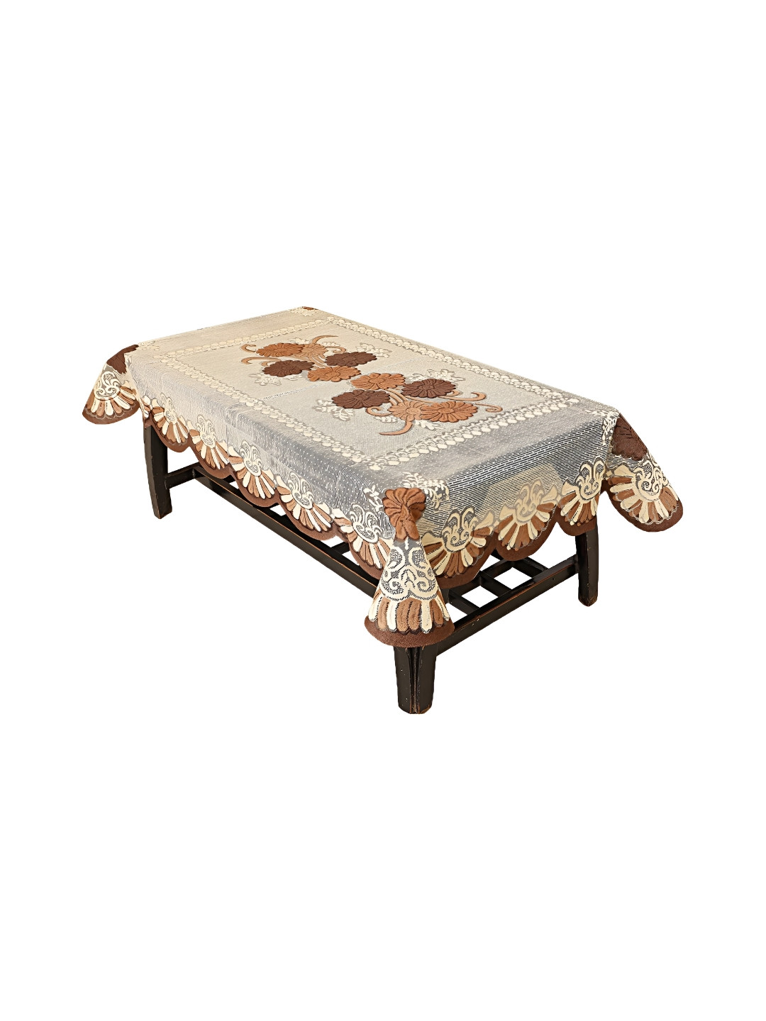 TANLOOMS Brown Floral Cotton Rectangular 2-Seater Table Cover With Embroidered details