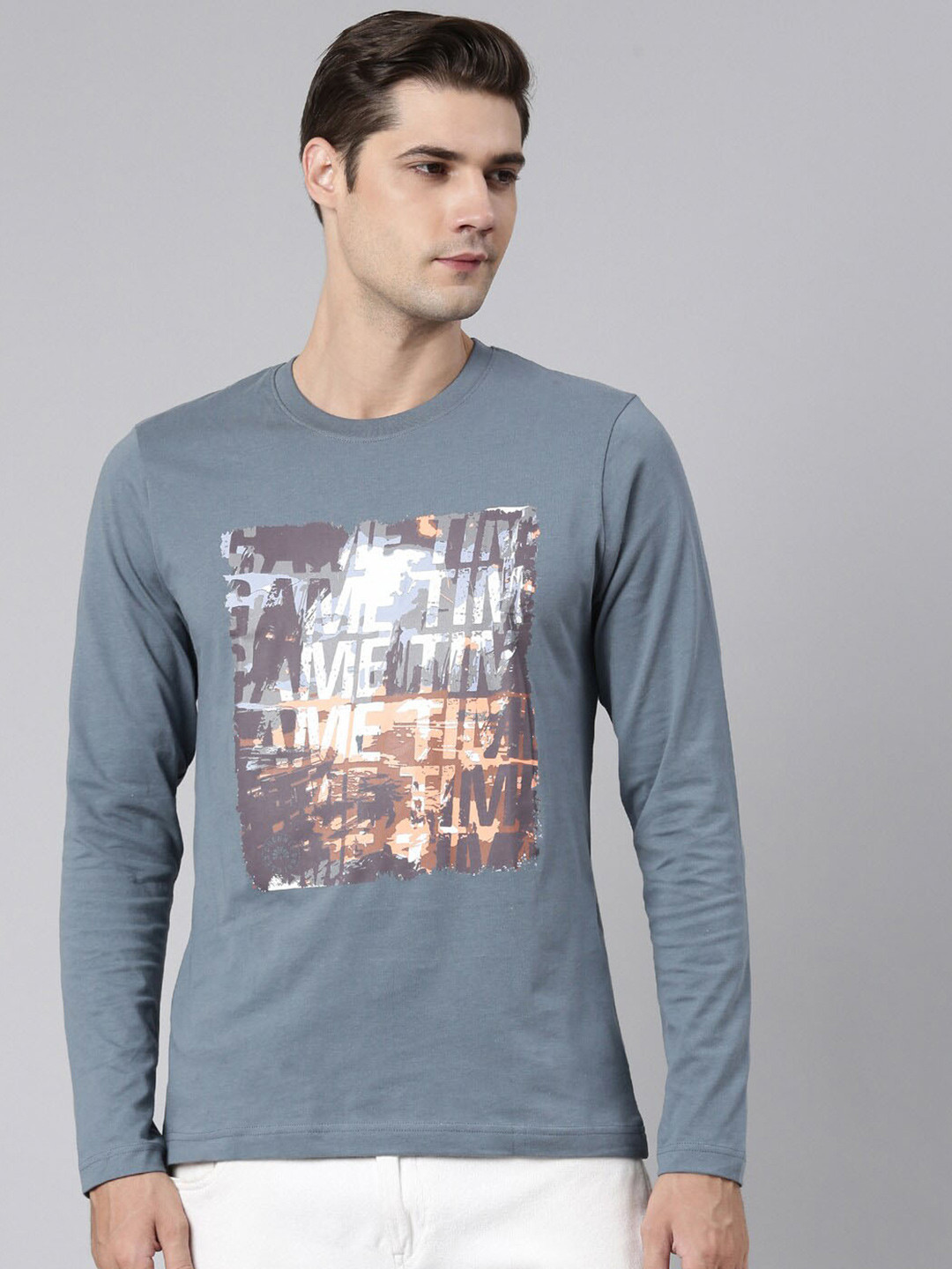 Chennis Typography Printed Long Sleeves Slim Fit Cotton T-shirt