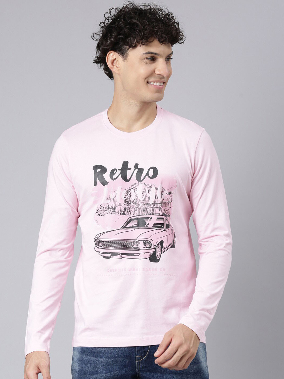 Chennis Pink Typography Printed Cotton Round Neck Long Sleeves Applique Slim Fit T-shirt