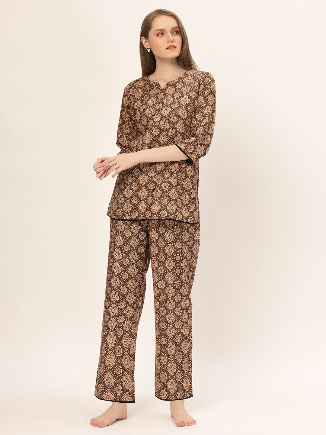 ETC Olive Green Ethnic Motifs Printed Pure Cotton Night suit