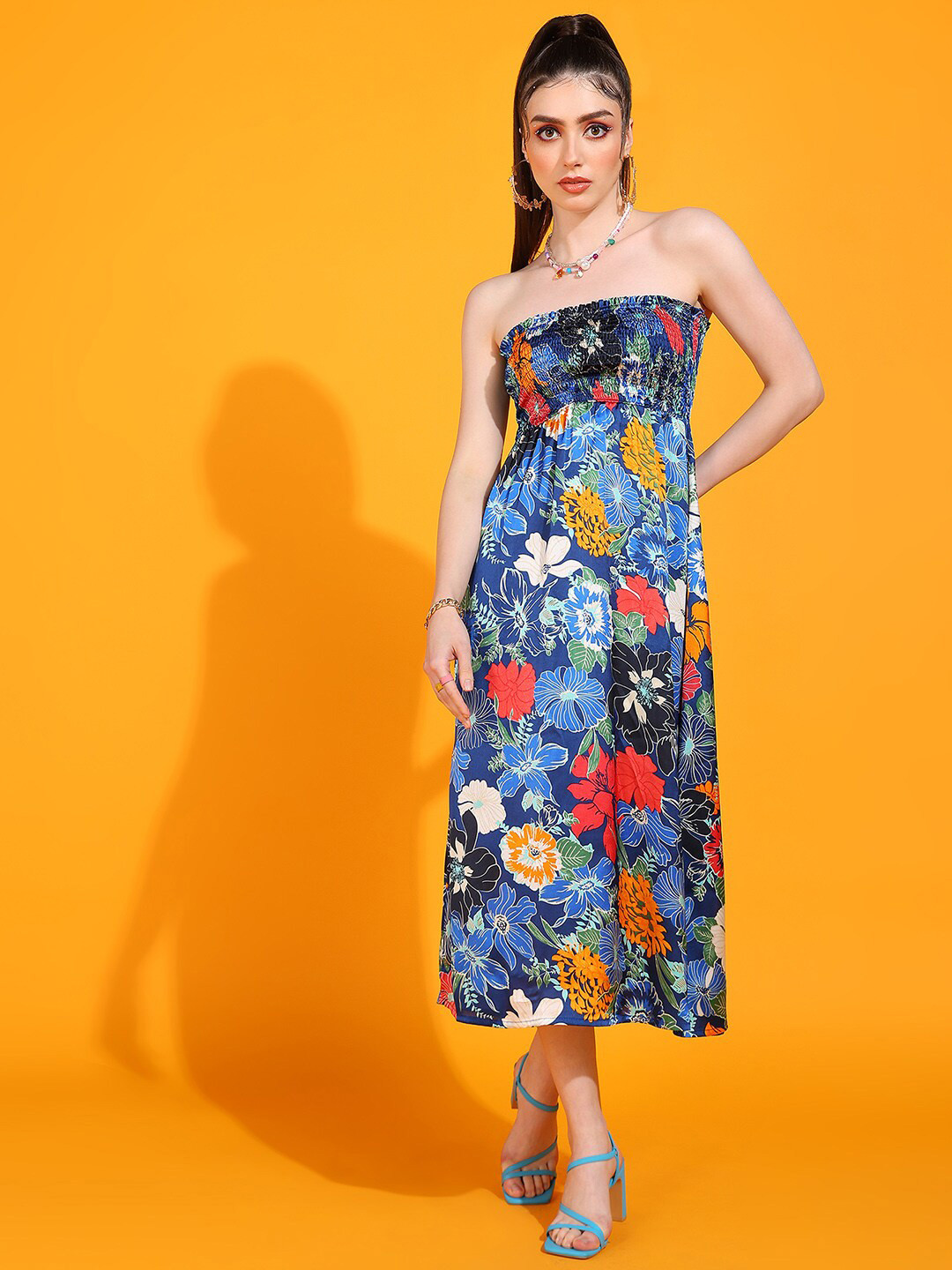 DODO & MOA Blue Floral Printed Strapless Smocked Satin A-Line Dress