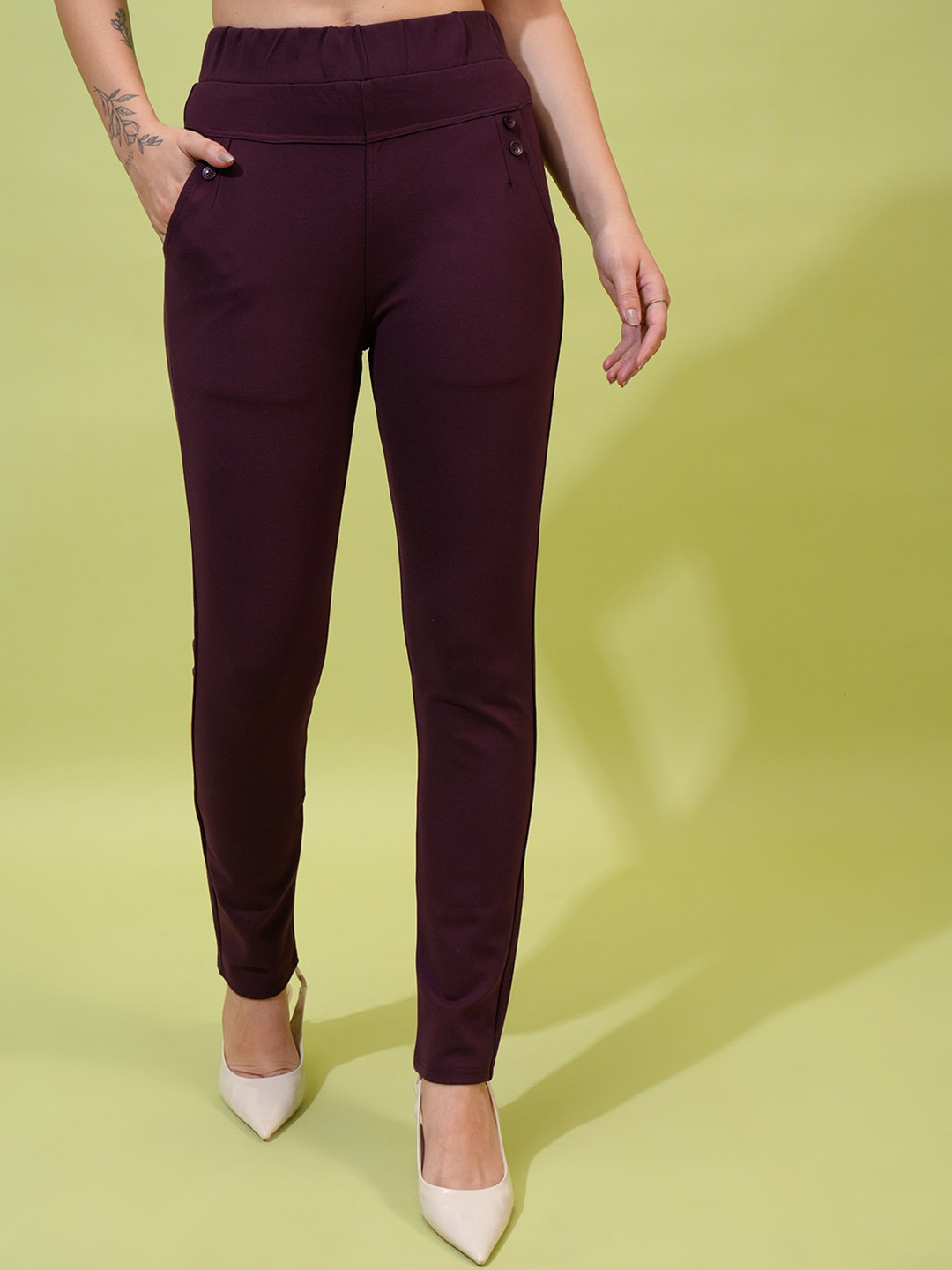 Tokyo Talkies Women Maroon Skinny Fit High-Rise Trousers
