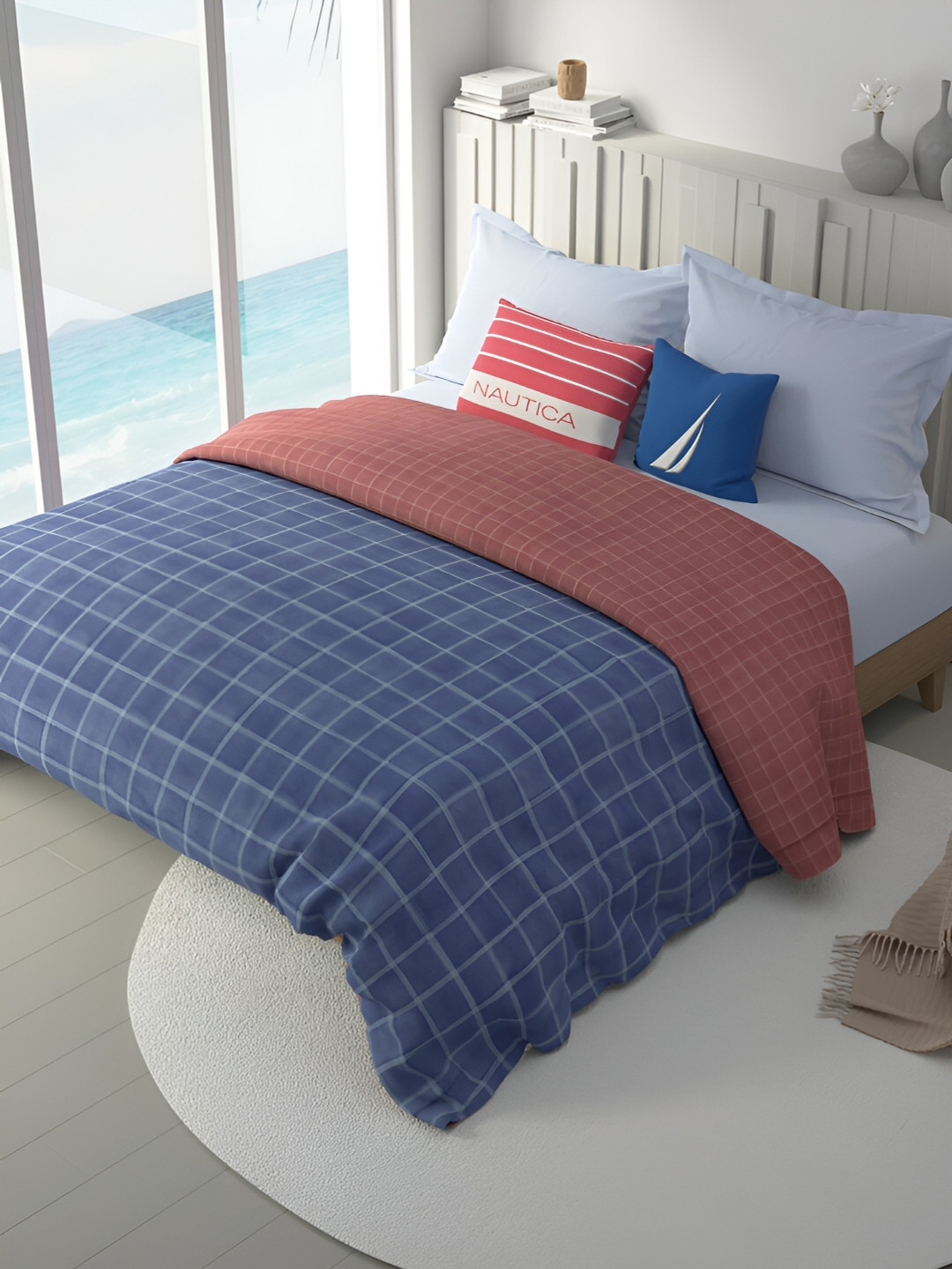 Nautica Blue & Coral Checked AC Room 120 GSM Double Bed Comforter