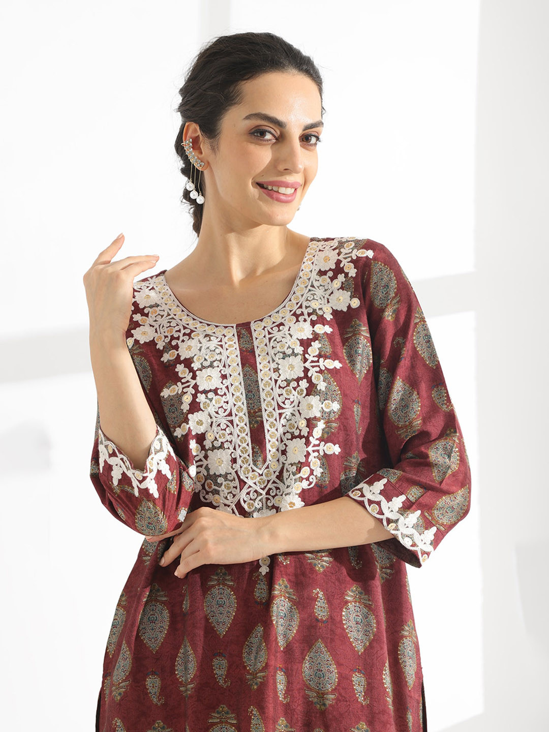 Anouk Rust-Coloured Ethnic Motifs Printed Thread Work Detailed Straight Kurta With Palazzo