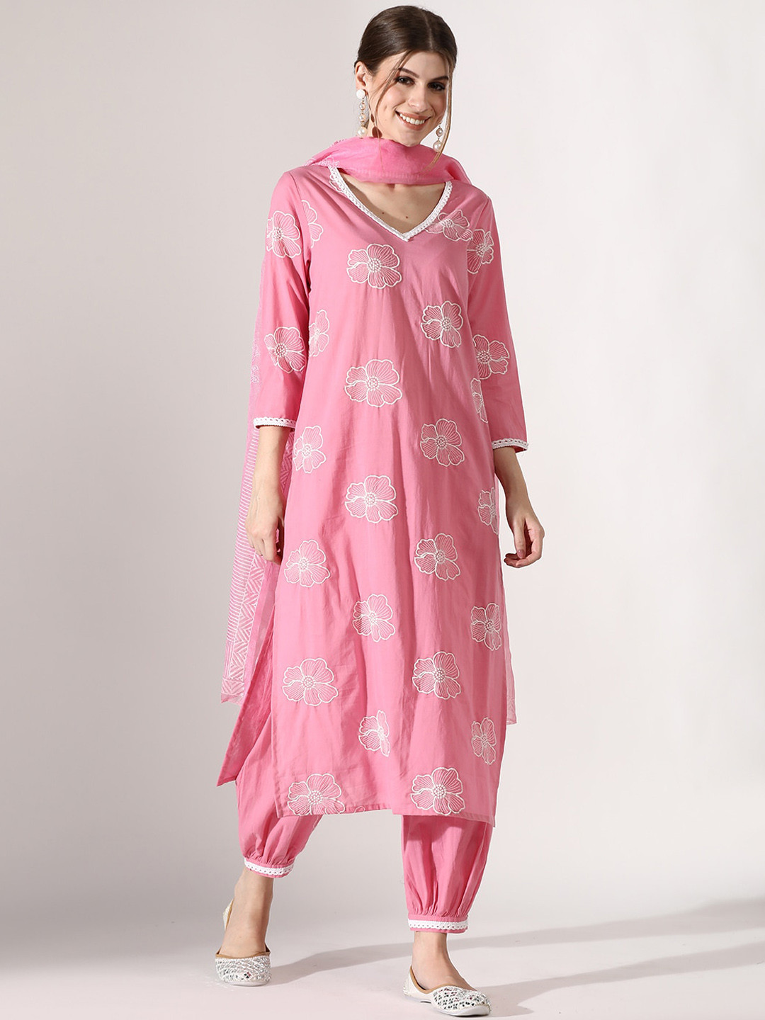 Anouk Pink Floral Embroidered Pure Cotton Kurta with Salwar & Dupatta