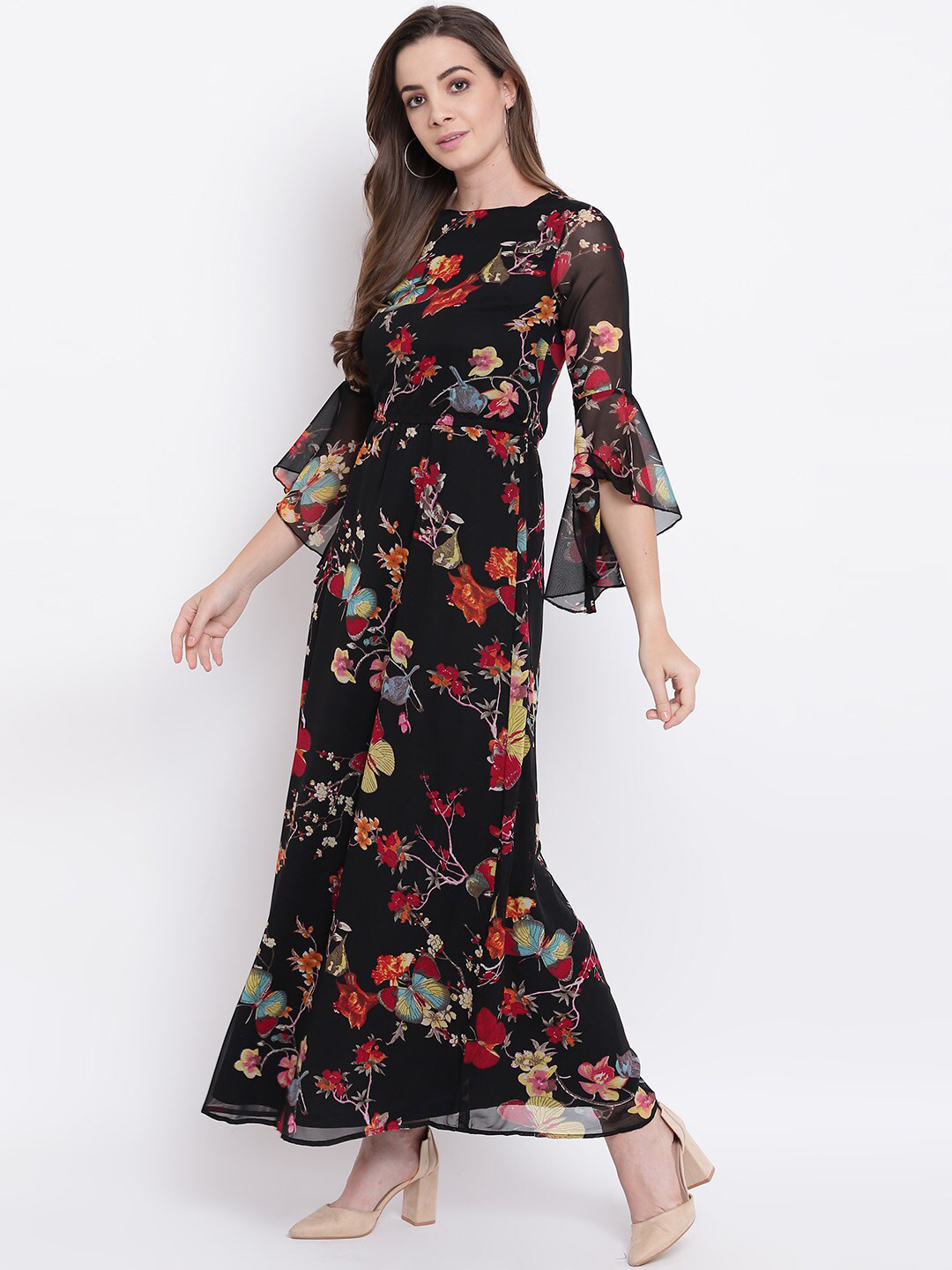 Deewa Floral Printed Bell Sleeve Chiffon Maxi Dress