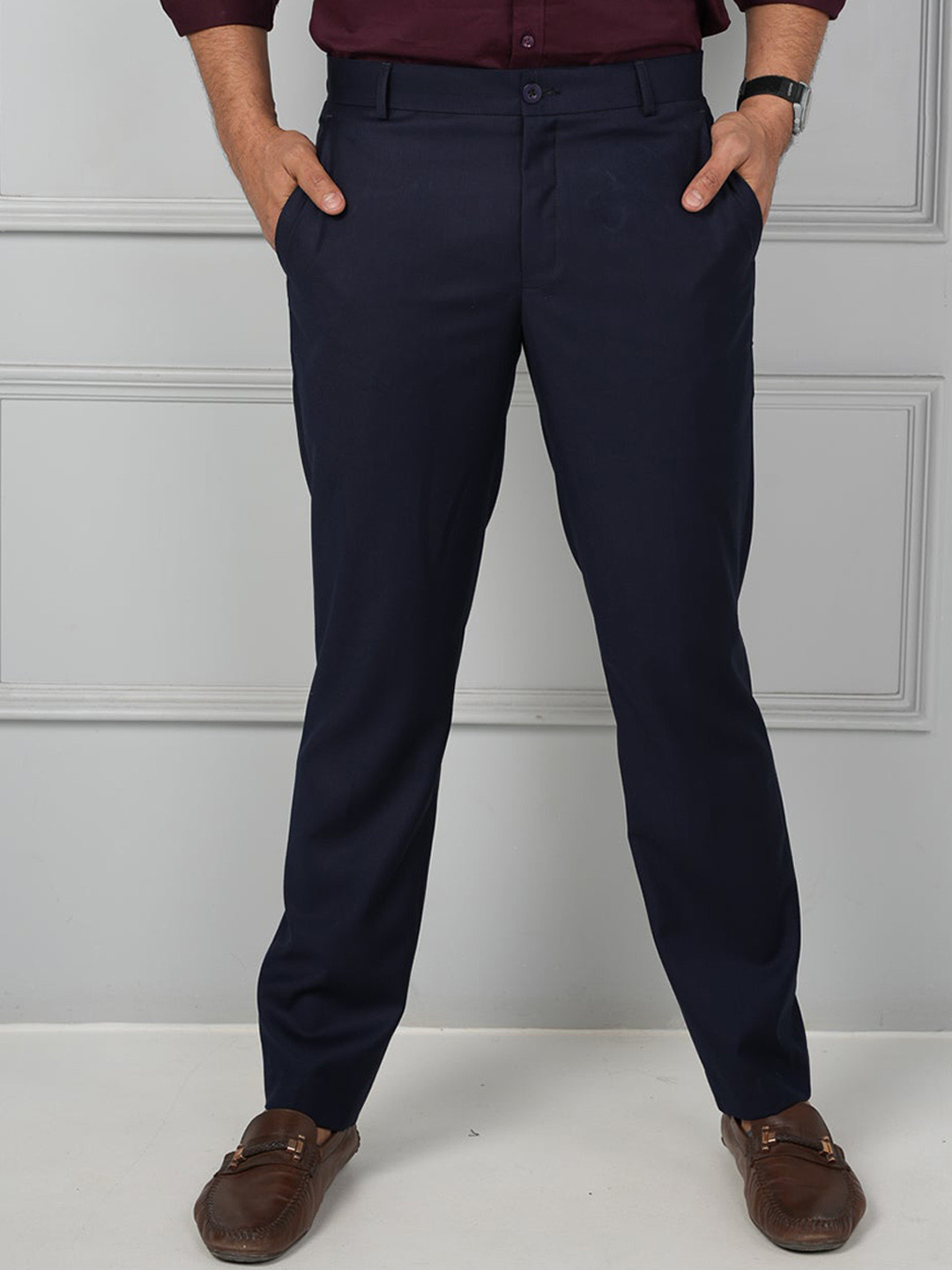 JOHN WATSON Men Comfort Mid-Rise Button Flat-Front Cotton Formal Trouser