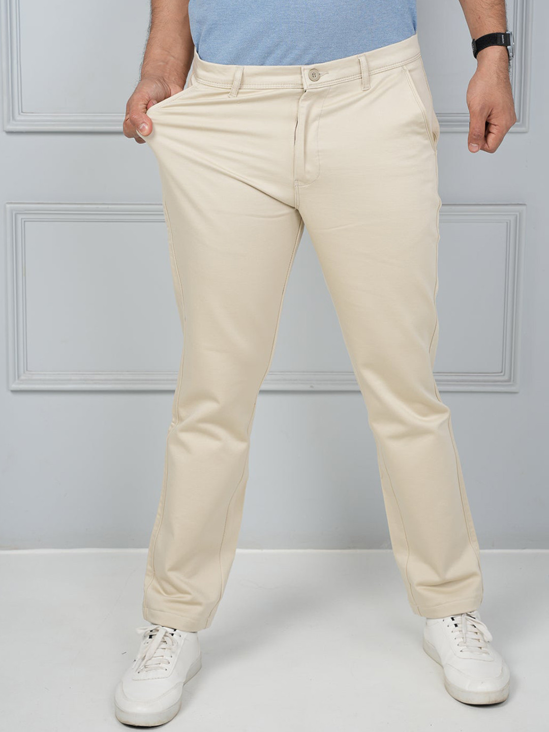 JOHN WATSON Men Comfort Mid-Rise Button Flat-Front Cotton Chinos Trouser