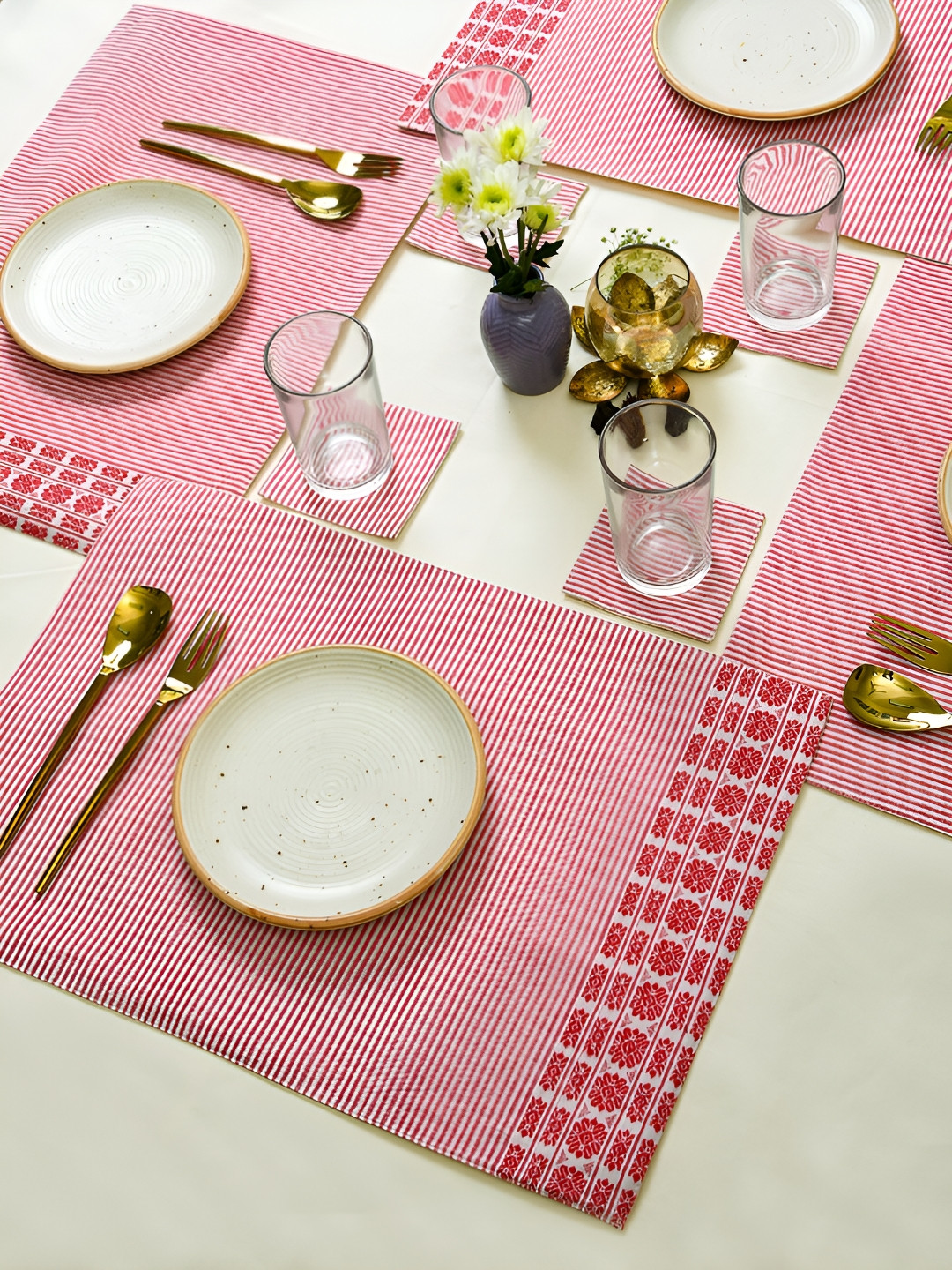 Ratan Cart 4-Pcs Pink & White Stripe Printed Cotton Table Placemats