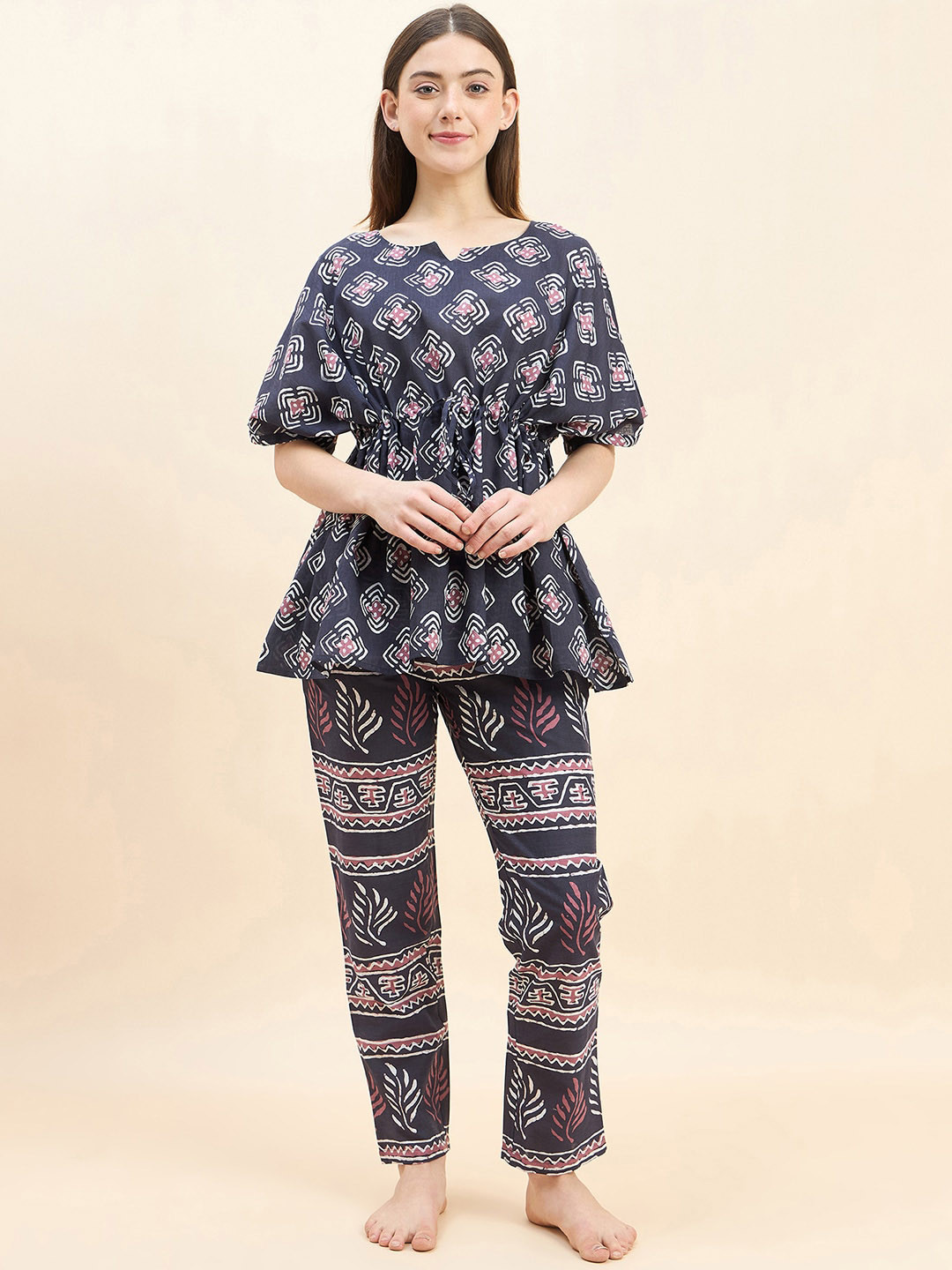 Sweet Dreams Grey Geometric Printed Pure Cotton Kaftan With Pyjamas