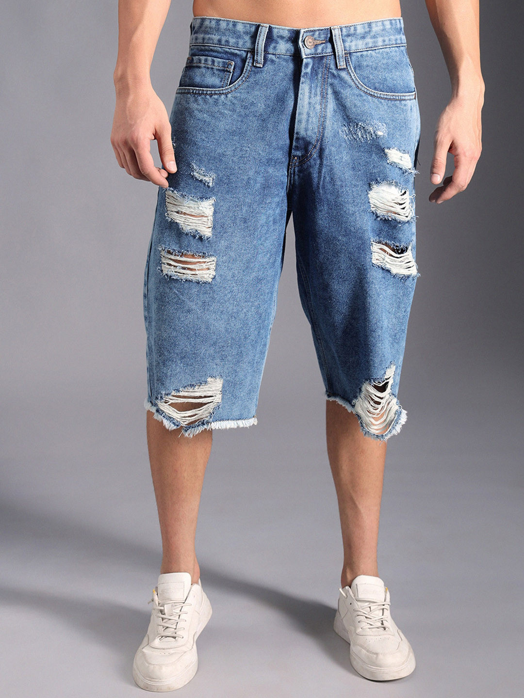 High Star Men Washed Mid-Rise Ripped Cotton Denim Shorts