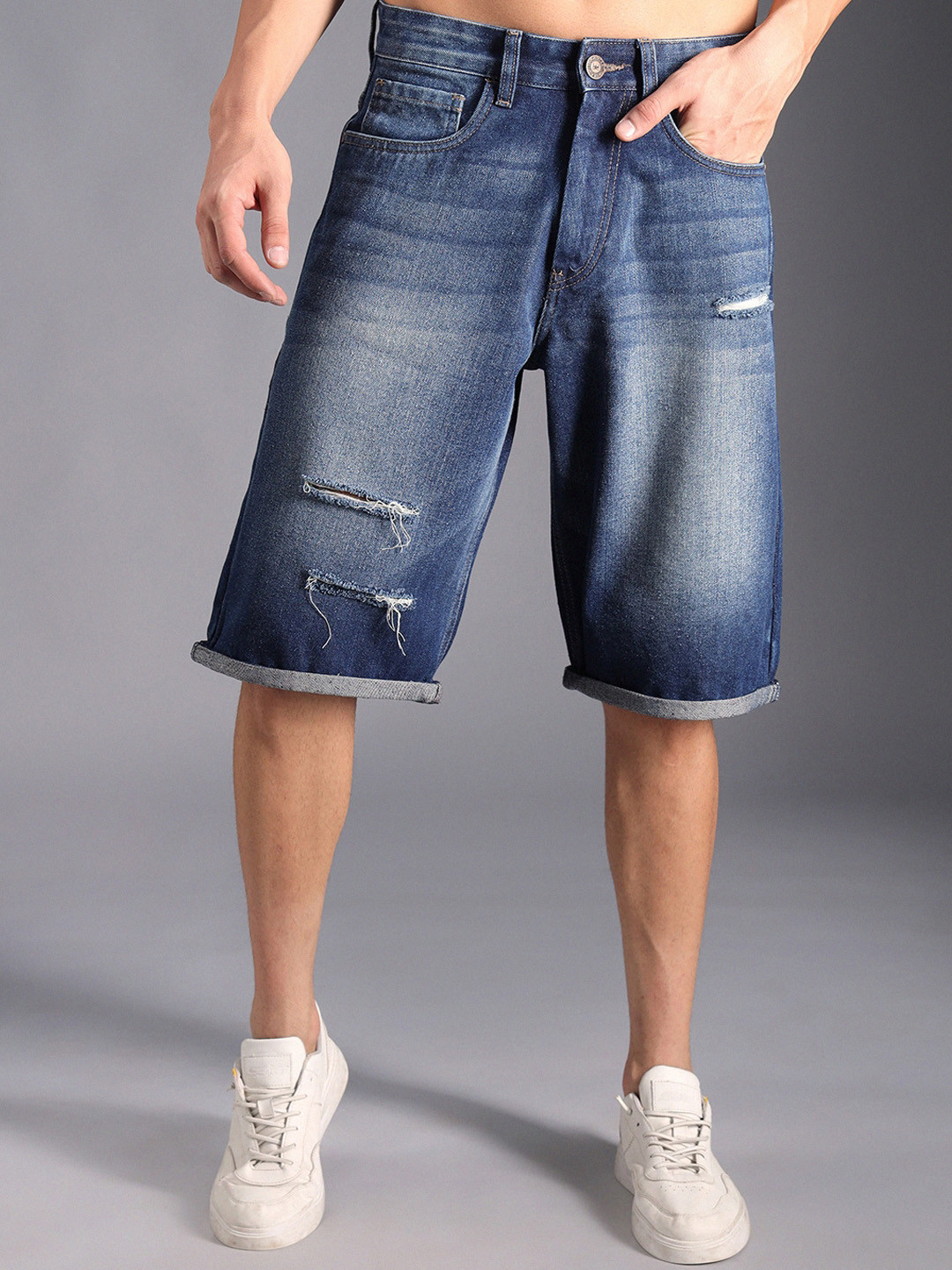 High Star Men Washed Mid-Rise Distressed Cotton Boyfriend Denim Shorts