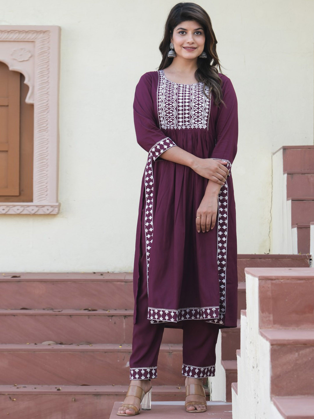 HEBA Ethnic Motifs Embroidered PLeated Thread Work Kurta with Trousers