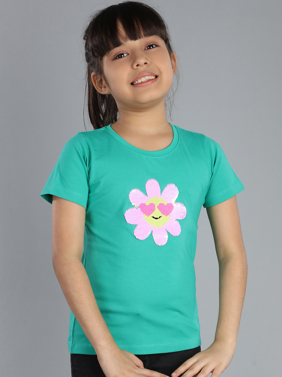3PIN Girls Printed Round Neck Applique T-shirt