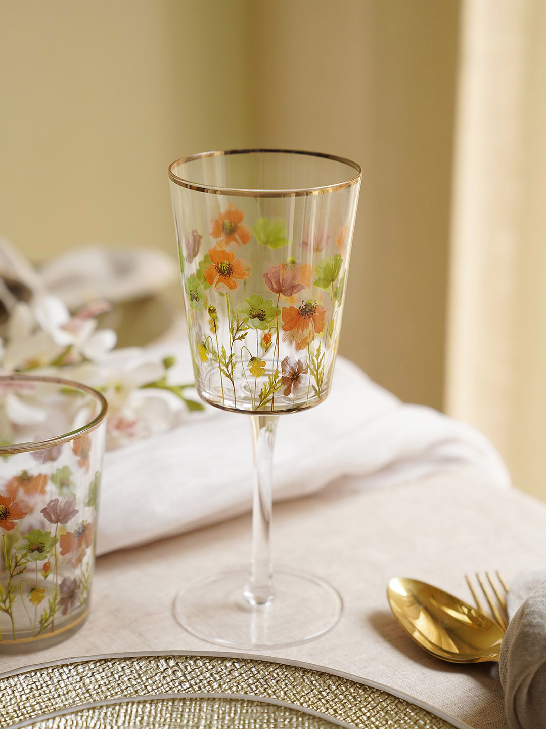Pure Home and Living Orange & Green 2 Pieces Floral Printed Wine Glasses