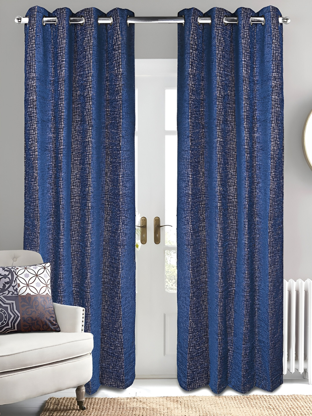 Saral Home Tic Tac  Chenille BlackoutSet of 2 Blue Long Door Curtains