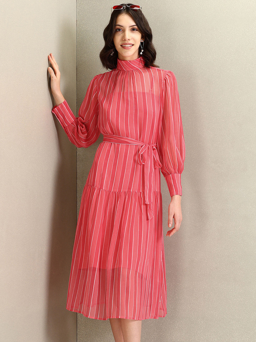 U.S. Polo Assn. Women Striped Mock Neck Tie-Ups Tiered Cotton Midi A-Line Dress