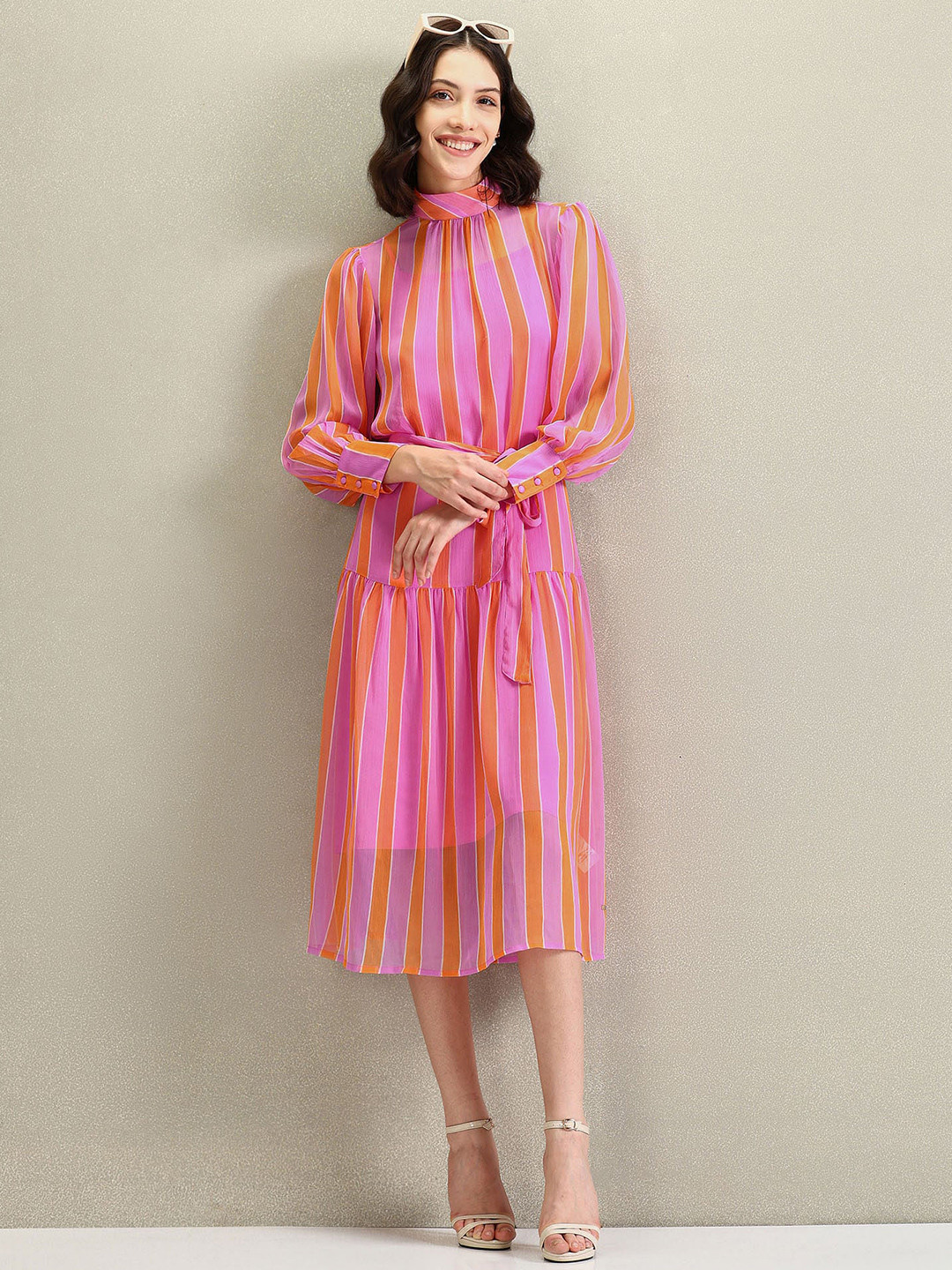 U.S. Polo Assn. Women Striped High Neck A-Line Midi Dress