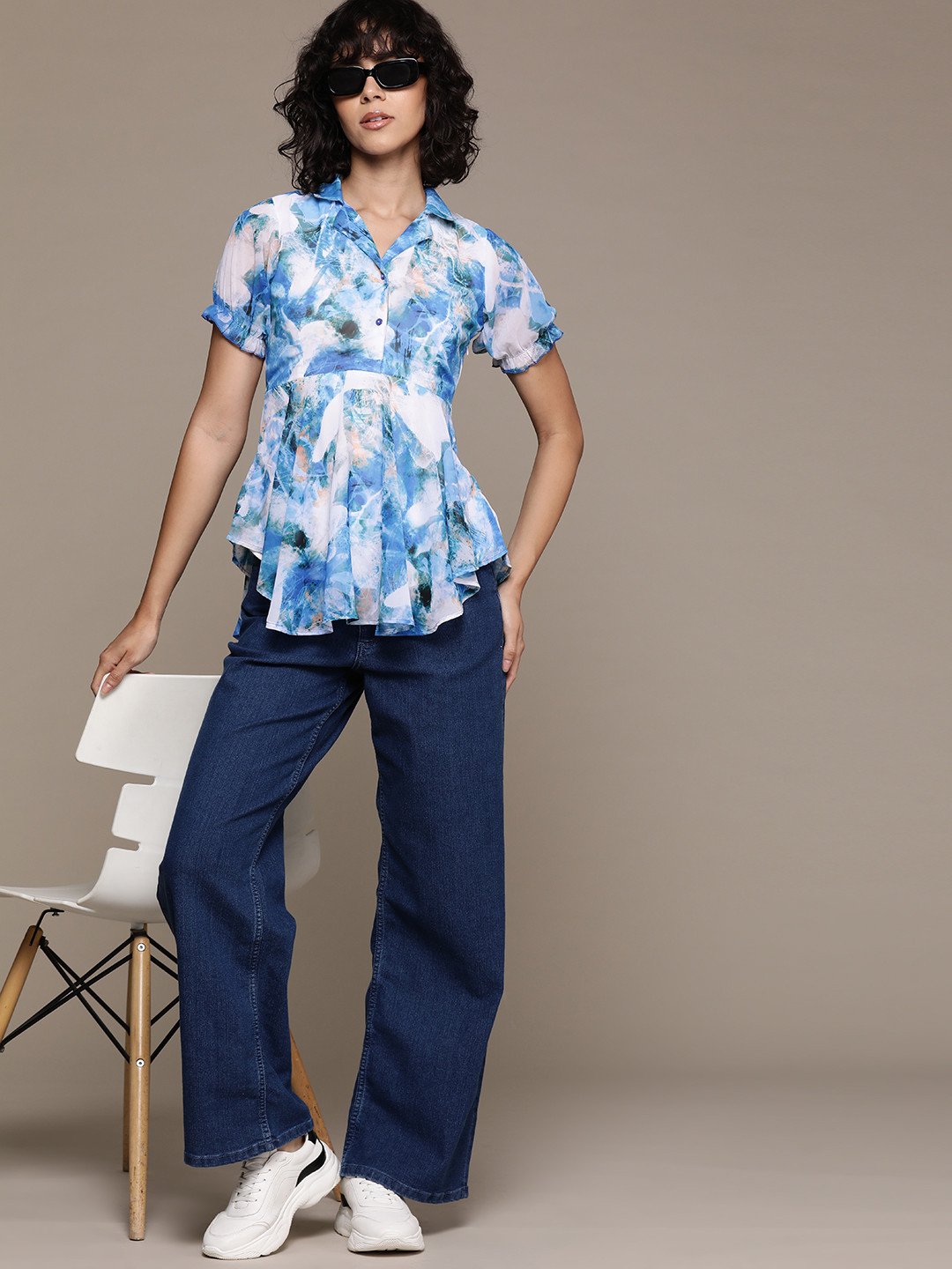 Roadster Print Georgette Peplum Longline Top