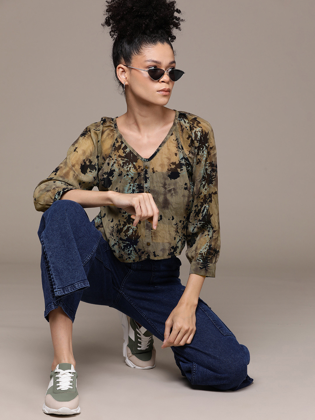 Roadster Sheer Printed Puff Sleeves Casual Shirt