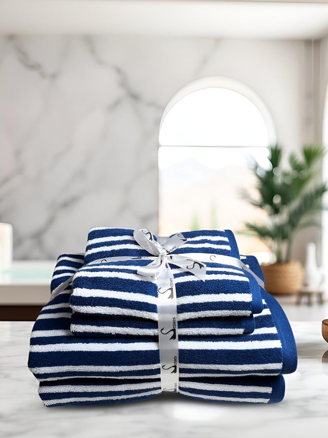 SENSES Blue & Green 4 Pieces Striped Cotton 600 GSM Skin Friendly Towel Set