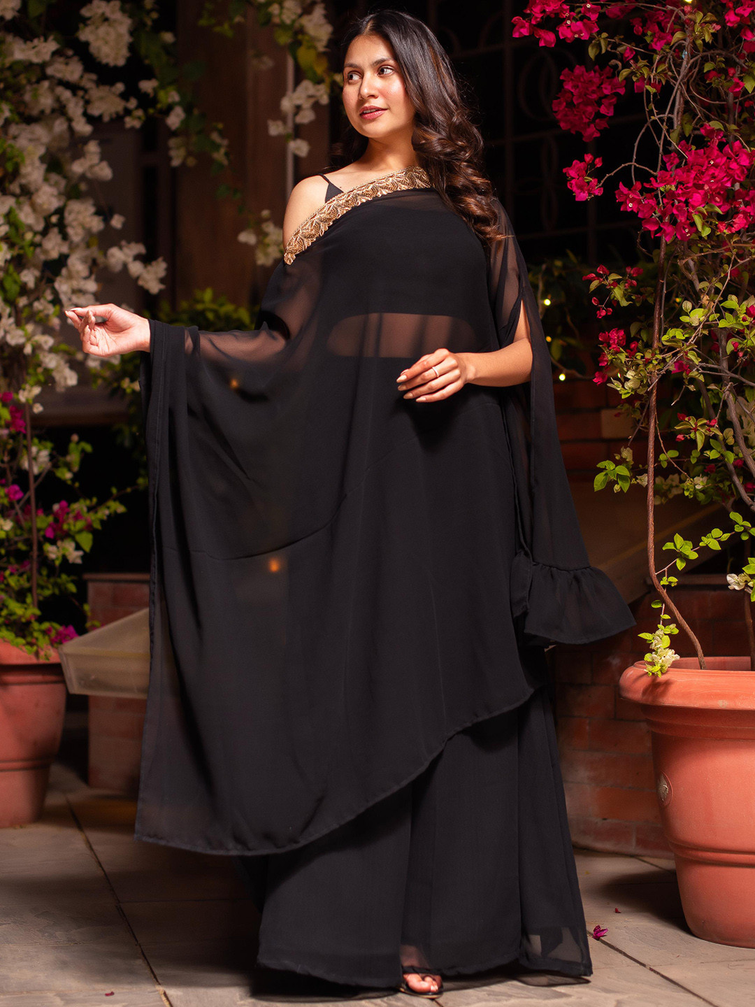 Calmna Thread Work Georgette Kaftan Fusion Kurta with Sharara