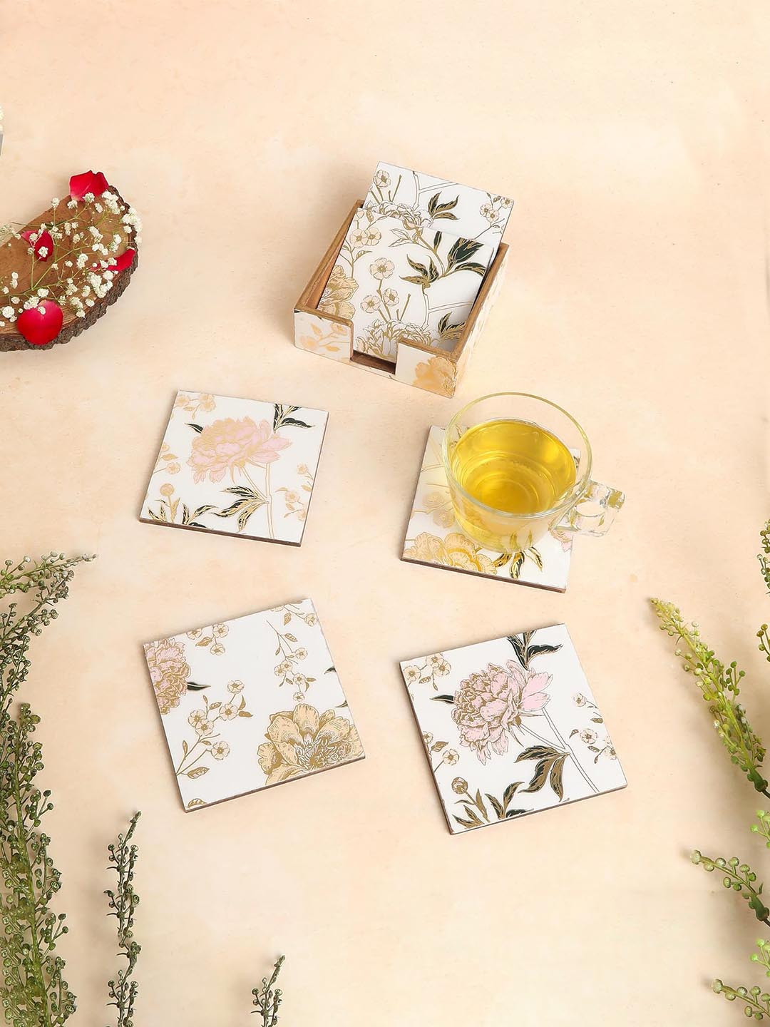 THE HOME CO. White & Pink 6 Pieces Floral Printed Wooden Square Coasters