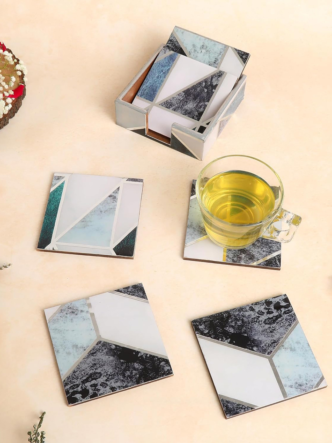 THE HOME CO. Green & Grey 6 Pieces Geometric Printed Square Coasters