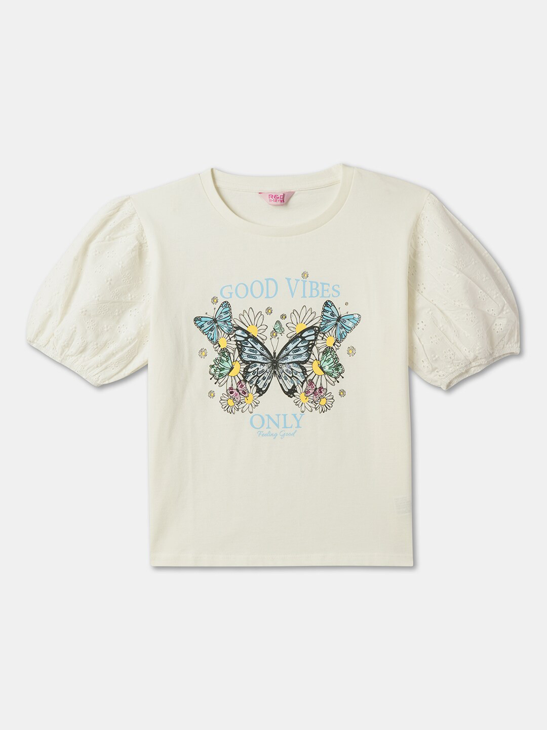 R&B Girls Graphic Print Puff Sleeve Cotton Top