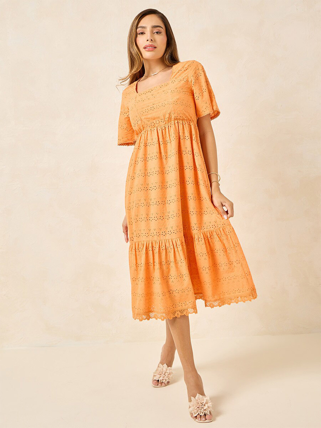 Styli Half Sleeves Self Design Square Neck Cotton A-Line Midi Dress