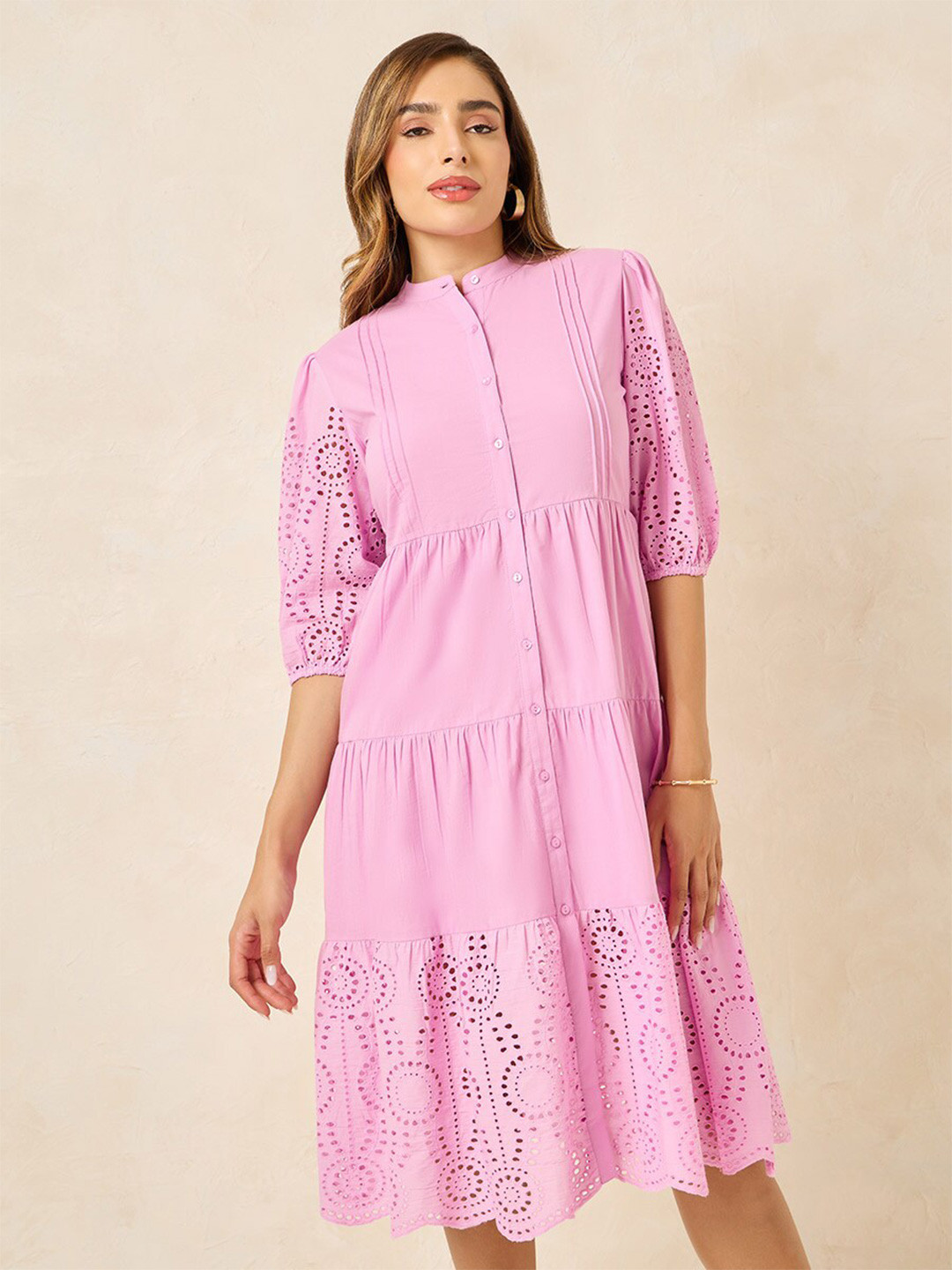 Styli Fit & Flare Three-Quarter Sleeves Mandarin Collar Cotton Midi Dress