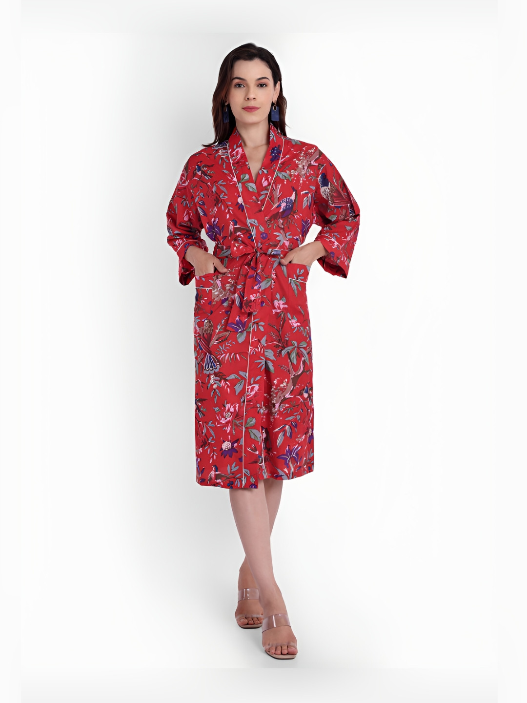 Bohekant Kimono Red Leaf Cotton Drawstring Knee Length Bath Robe