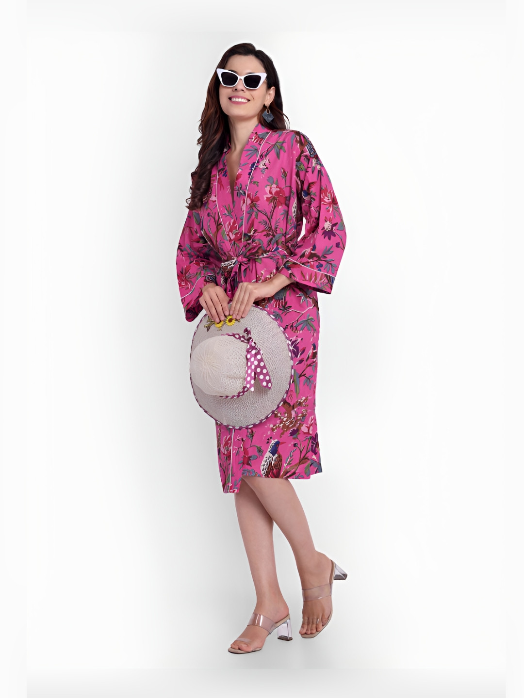 Bohekant Kimono Pink Floral Cotton Drawstring Knee Length Bath Robe