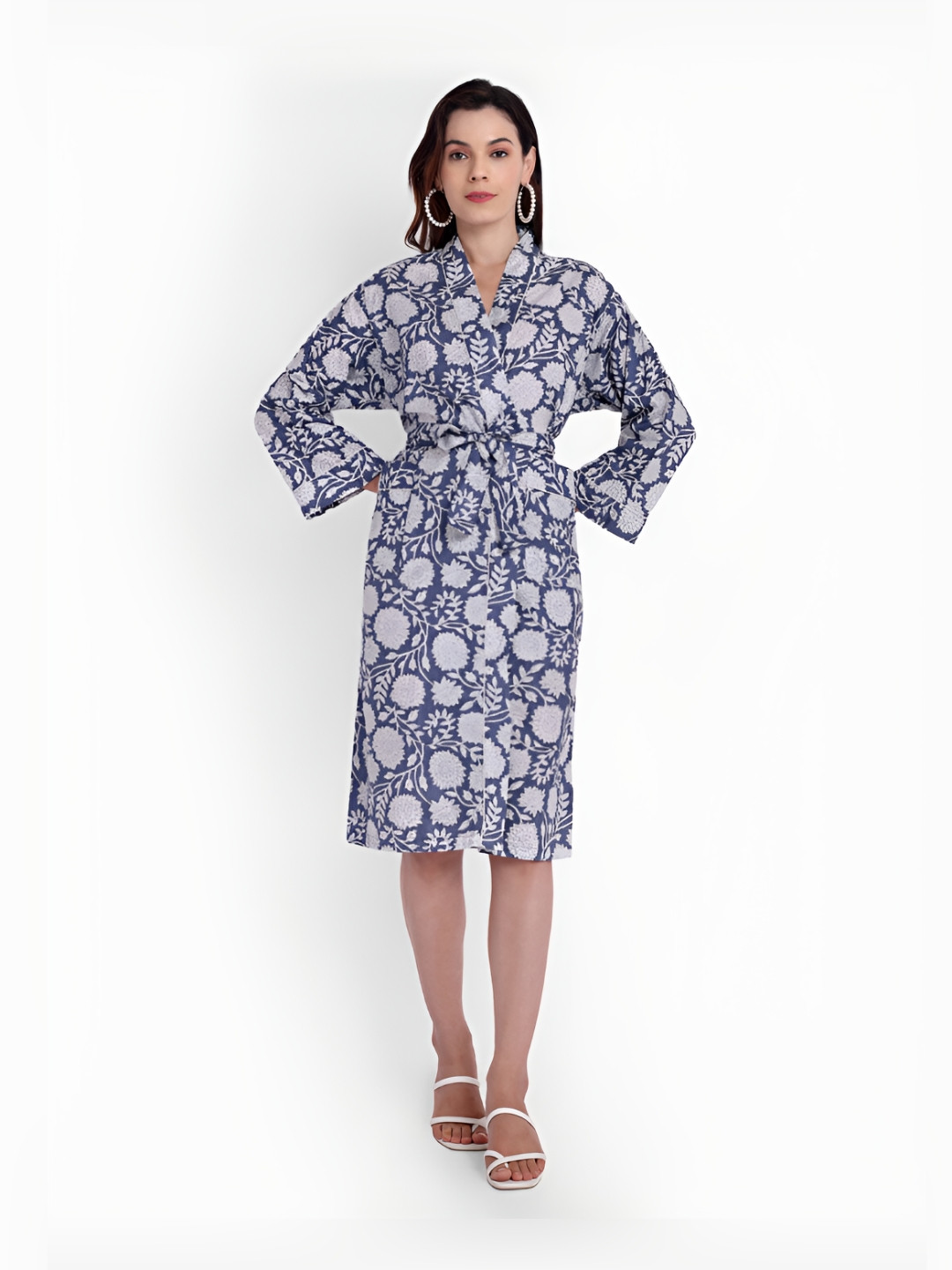 Bohekant Kimono Blue Floral Cotton Drawstring Knee Length Bath Robe