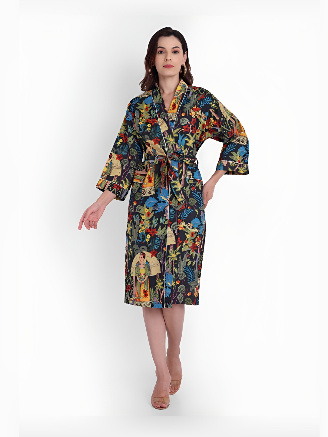 Bohekant Kimono Black Floral Cotton Drawstring Knee Length Bath Robe