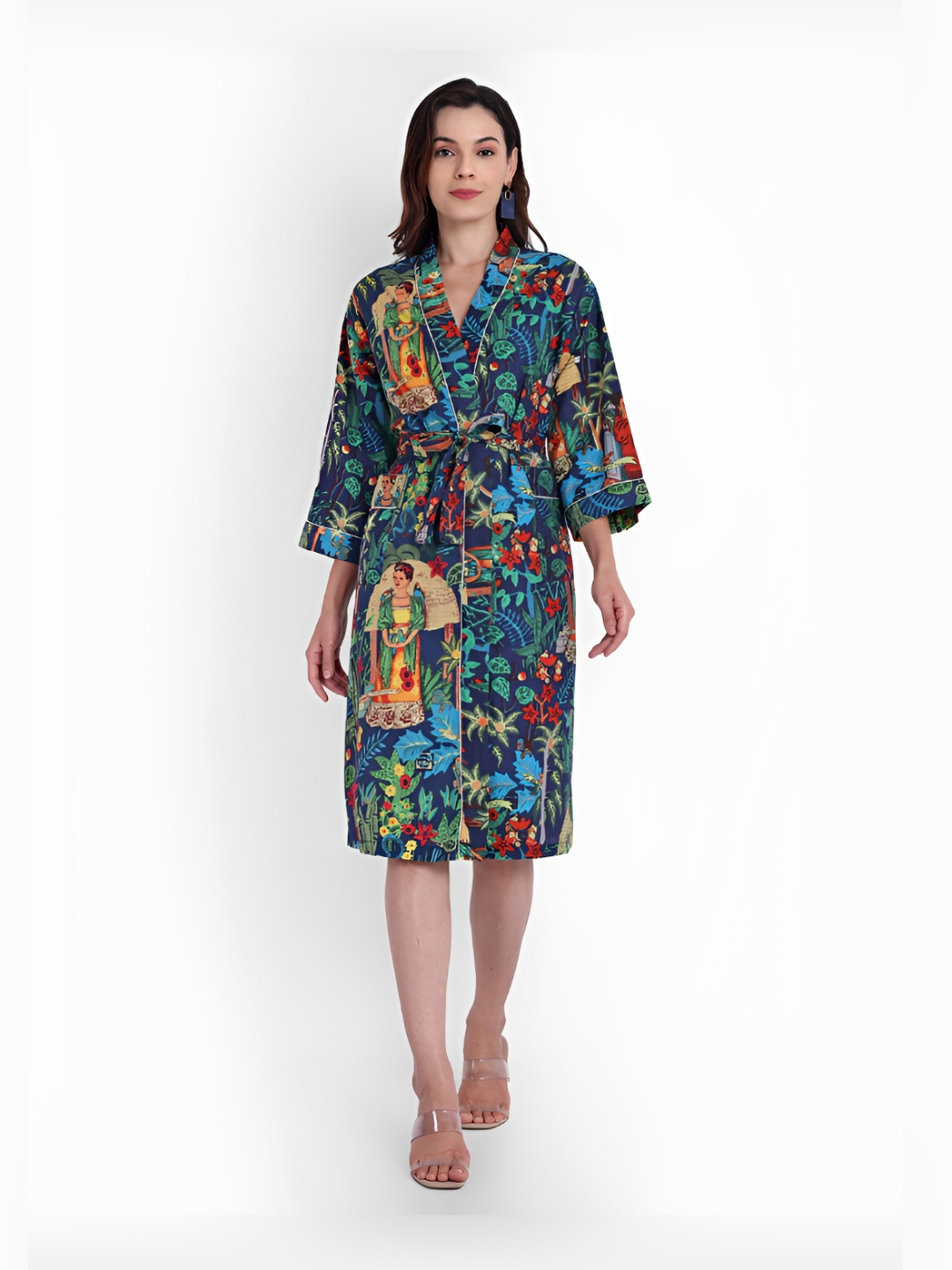 Bohekant Kimono Navy Blue Floral Cotton Drawstring Knee Length Bath Robe