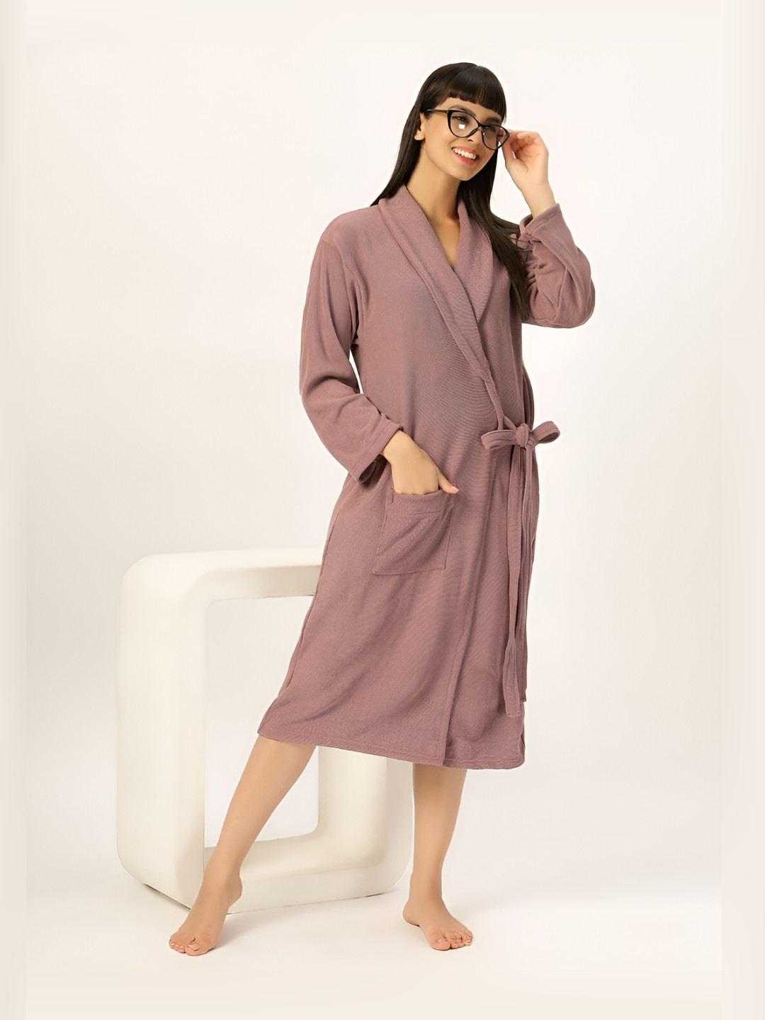 HotGown Double Peach Solid Cotton Drawstring Knee Length Bath Robe