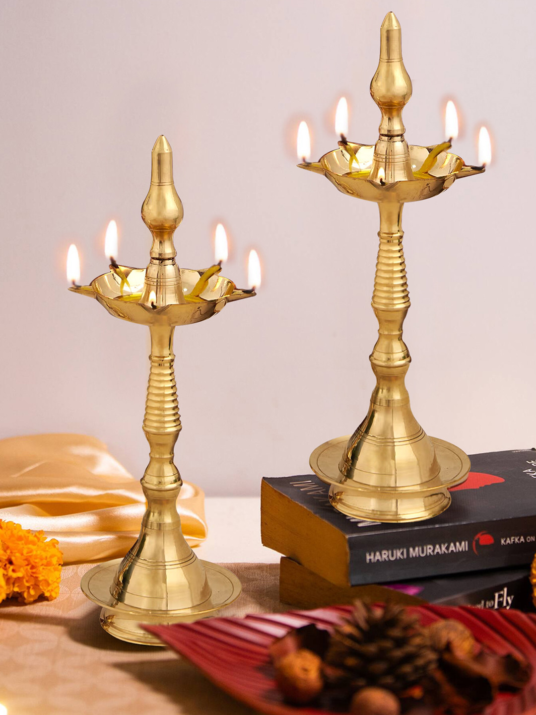 TIED RIBBONS 2-pcs Brass Kerala Diya Oil Lamp Stand