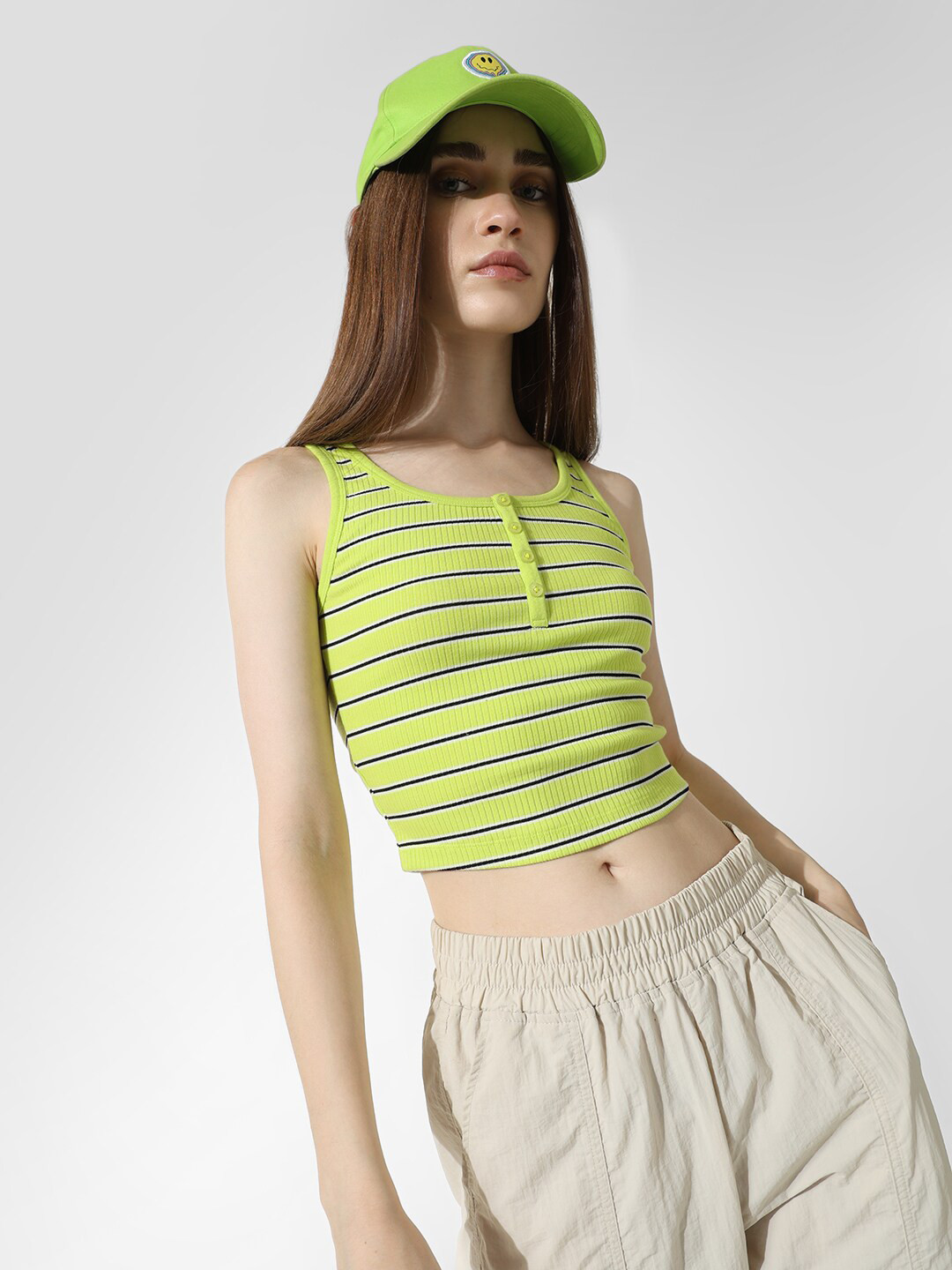 ONLY Onl Uextango Horizontal Striped Sleeveless Cotton Fitted Crop Top