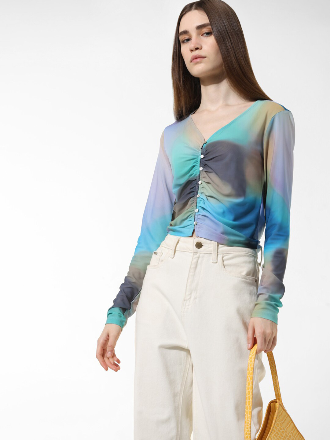 ONLY Onl Uexdigi Mesh Ls Tie and Dye V-Neck Gathered or Pleated Net Top