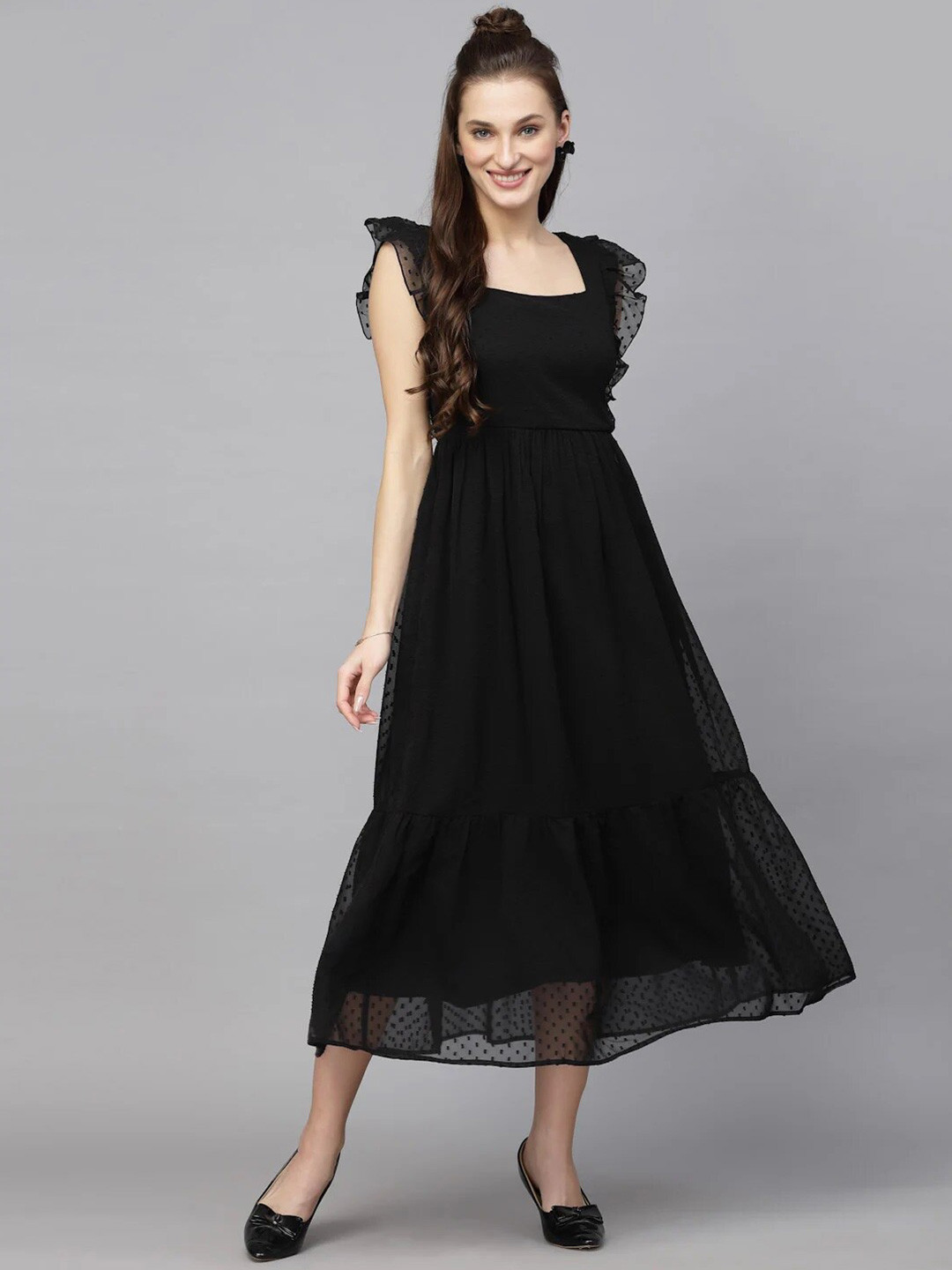 BAESD Square Neck Flutter Sleeves Georgette Sheer A-Line Midi Dress