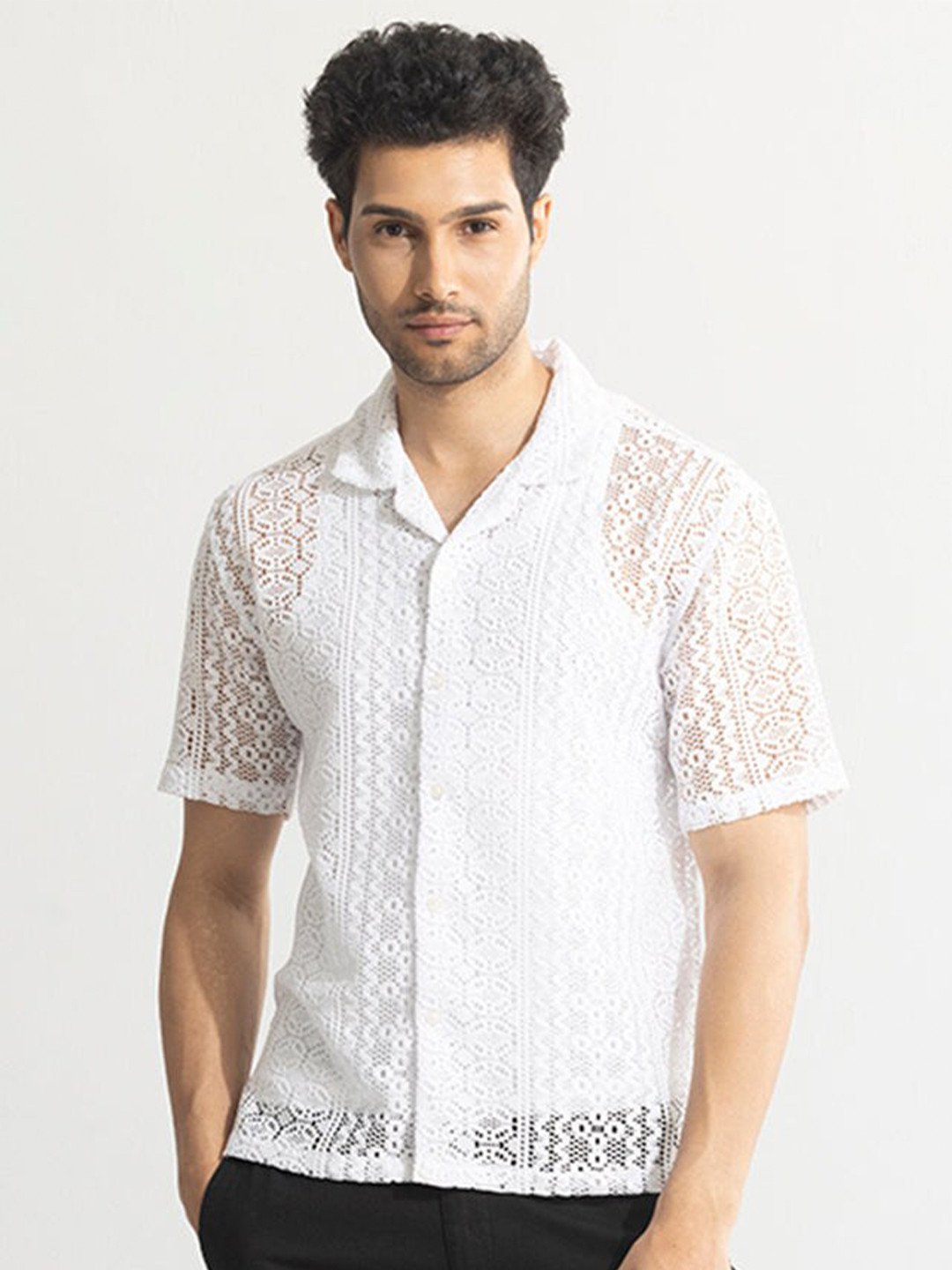 Snitch White Classic Boxy Self Design Spread Collar Crochet Shirt
