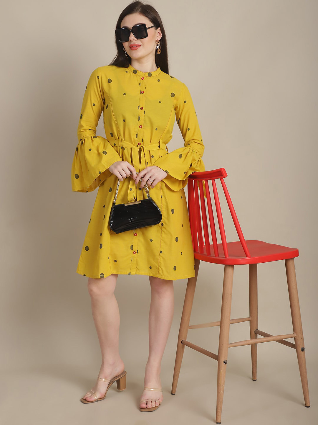 Tulsattva Geometric Printed Bell Sleeves Tie-Ups Cotton A-Line Dress With Belt