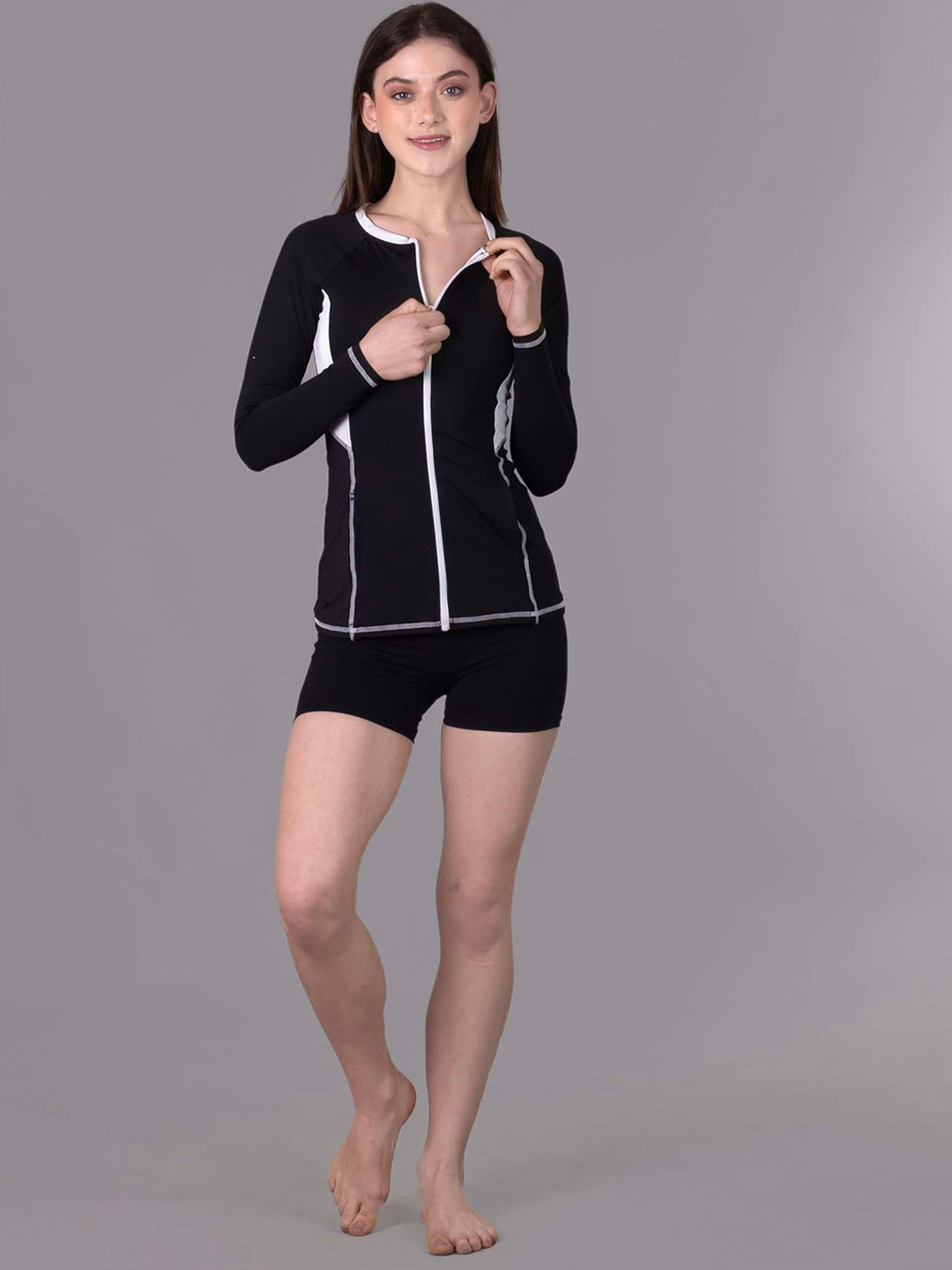 Keepfit Women Long Sleeve Zippered Rashguard 2 Piece Padded Swim Set