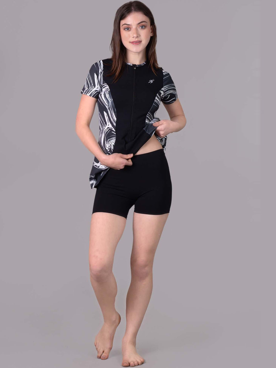 Keepfit Women's Marble Printed 2-Piece Zipper Padded Swimset Black