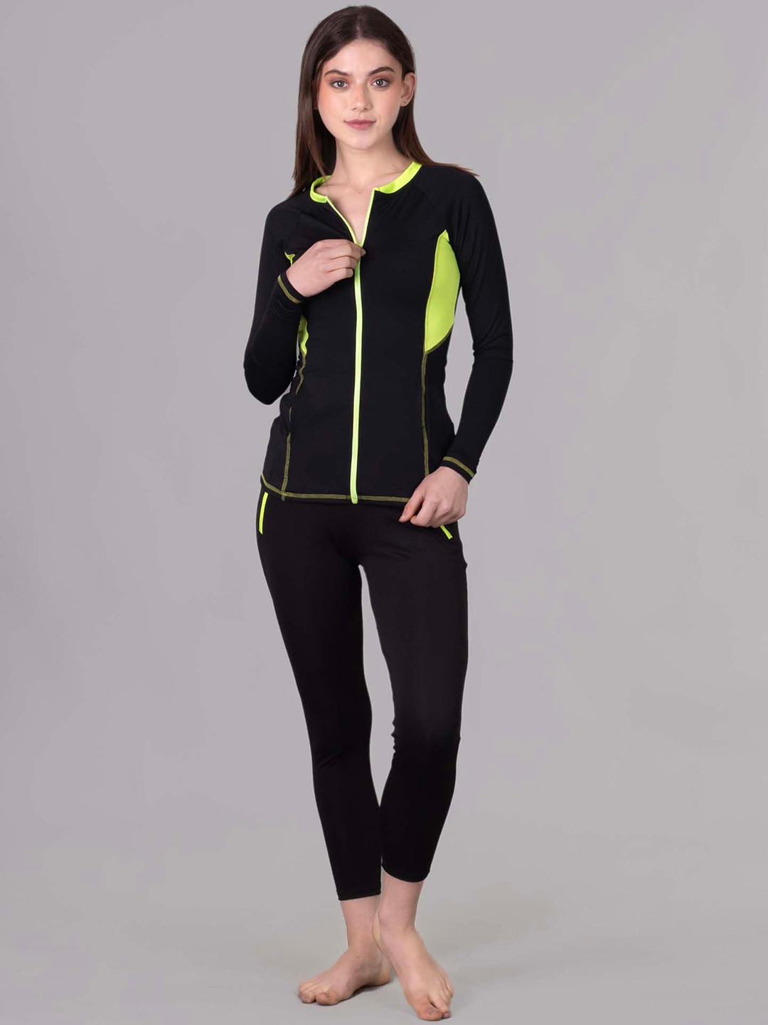 Keepfit Women Long Sleeve Zippered Rashguard 2-Piece Padded Swim Set