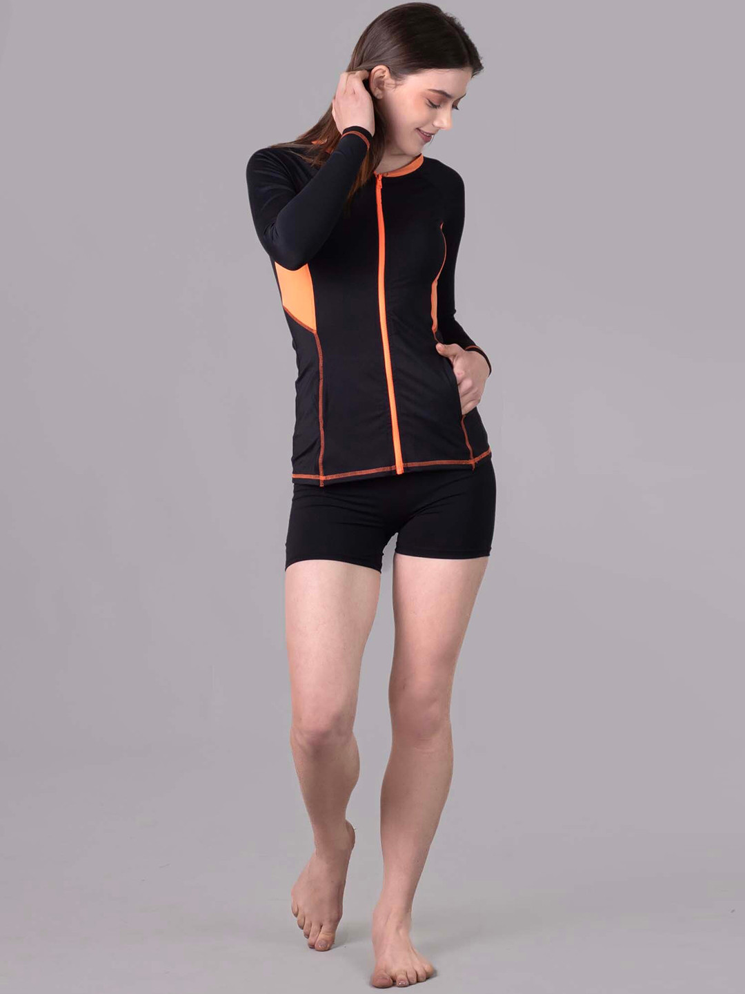 Keepfit Longsleeves Zippered Rashguard 2-Piece Padded Swimwear for Women Black